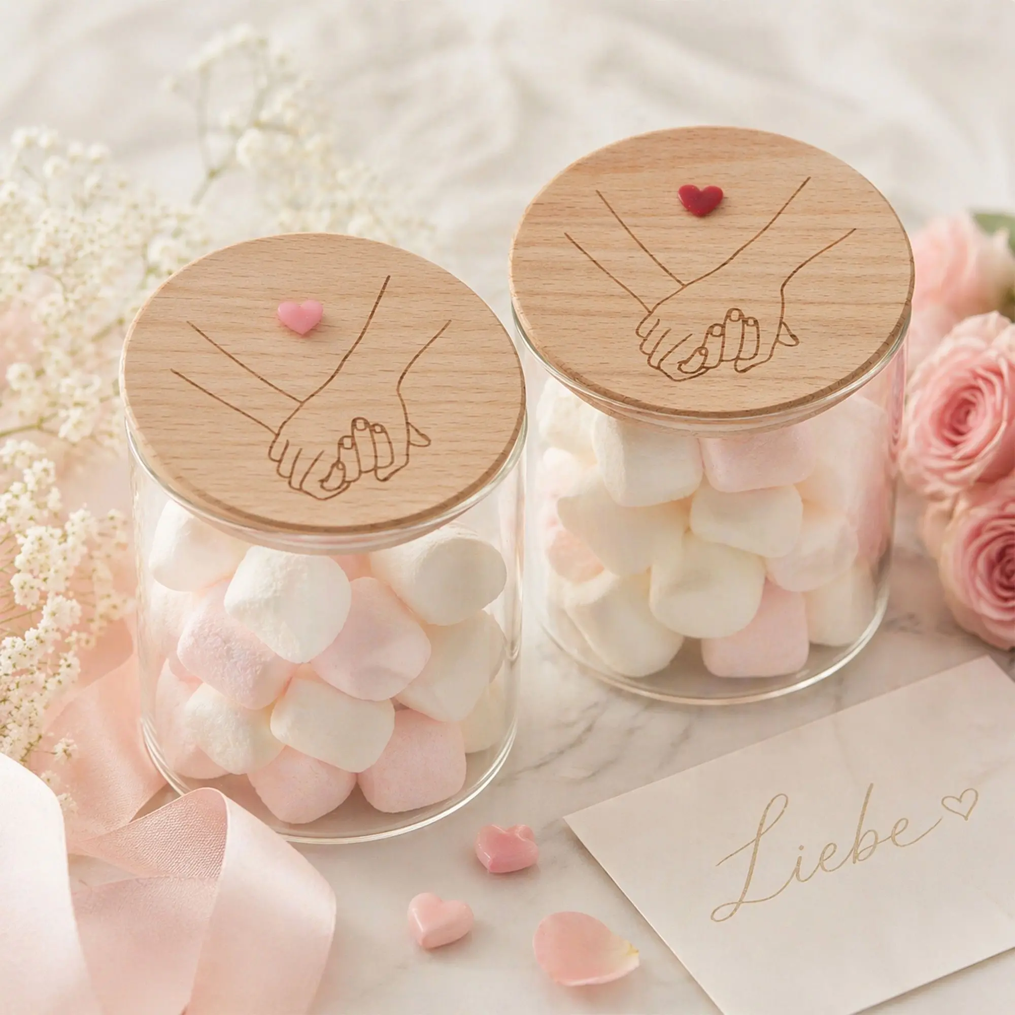 glasgefäß, marshmallows, rosé farben, holzdeckel, paar