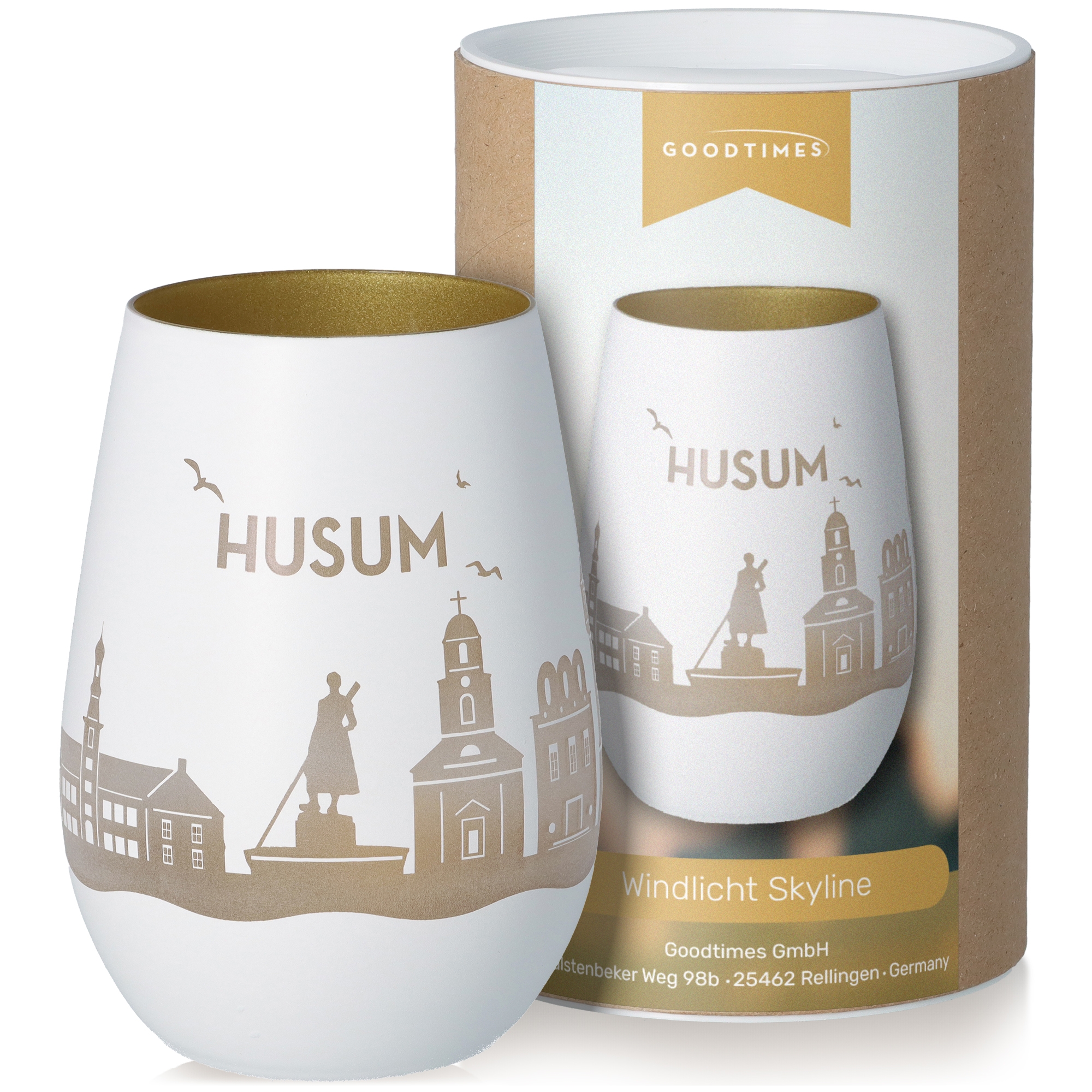 Windlicht Skyline Husum Weiß/Gold Töpferei, Krug, Tasse, Glas, Person