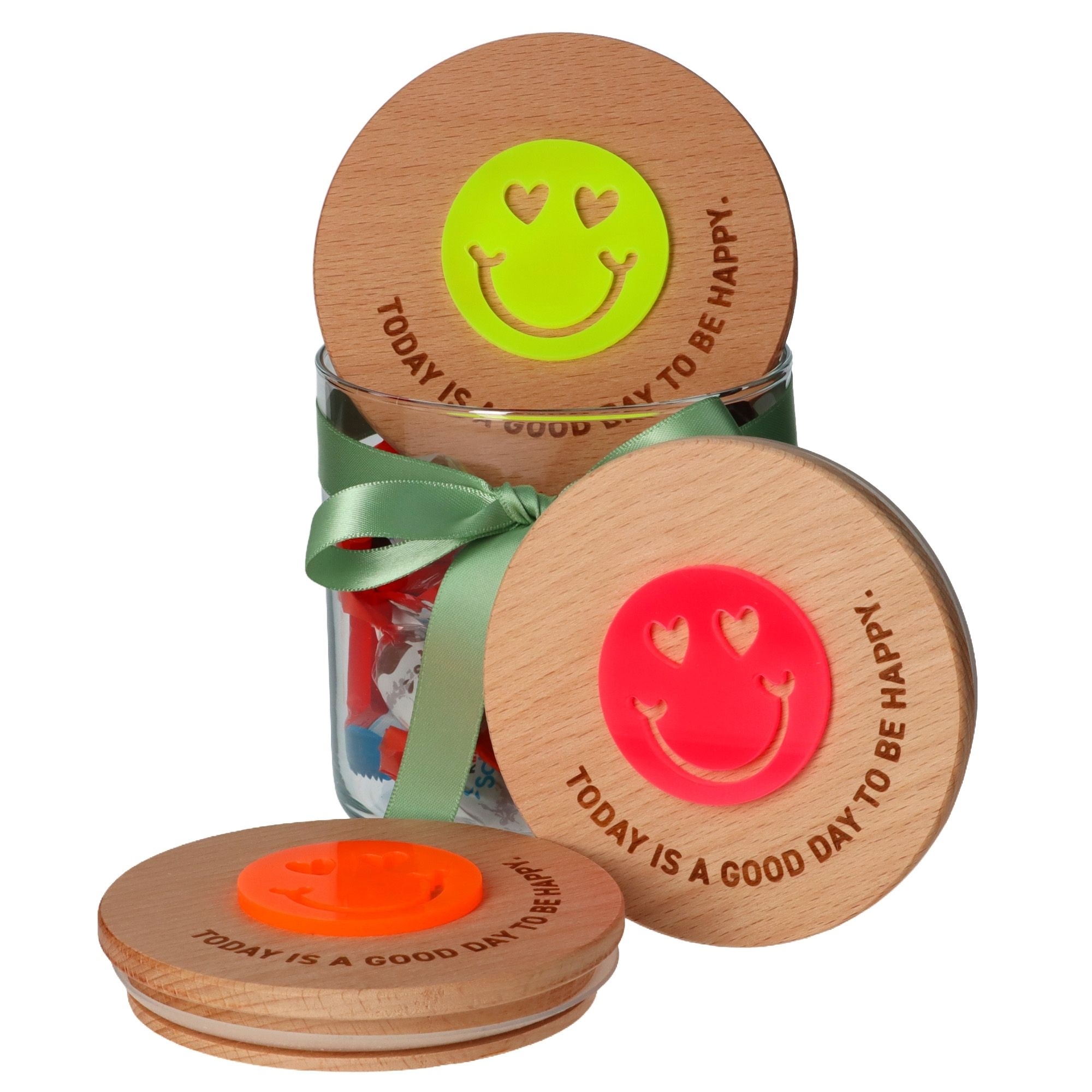 Geschenkglas "GOOD DAY" Neongelb Krug, Kopf, Person, Gesicht, Band