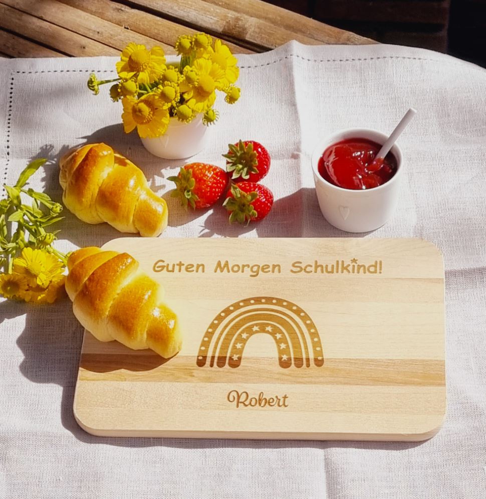 Frühstücksbrettchen Guten Morgen Schulkind Regenbogen Stern "Name" 23cm x 15cm x 1cm Frühstücksbrettchen Guten Morgen Schulkind Regenbogen Stern "Name" 23cm x 15cm x 1cm