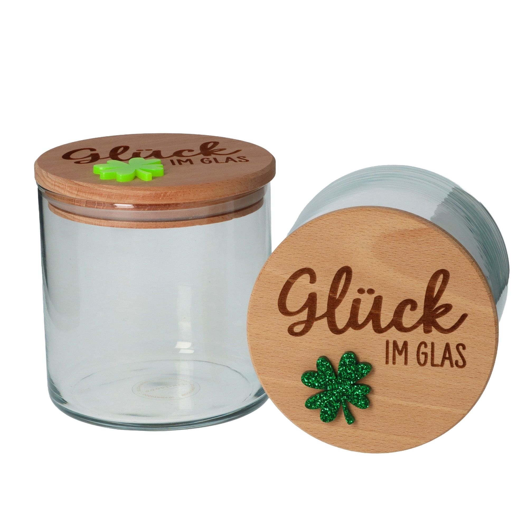 Geschenkglas "Glück im Glas" Neongrün Krug, Gesicht, Kopf, Person