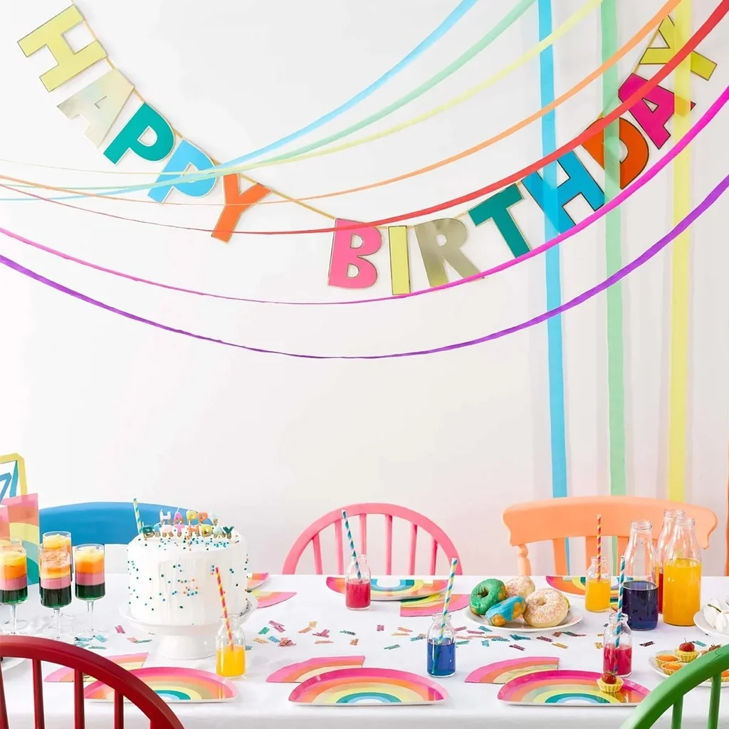 birthday, dekor, tischdeko, kuchen, regenbogen