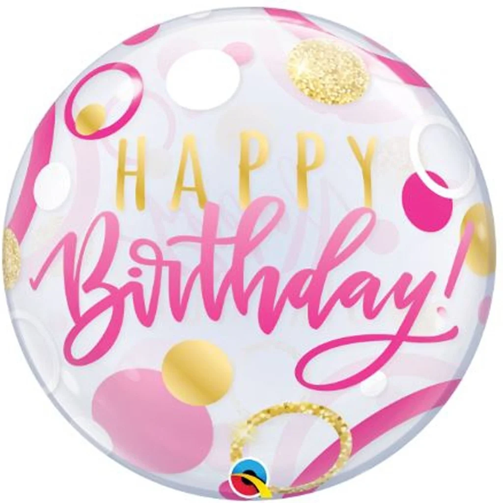 Birthday balloon, Happy Birthday, runder Ballon, pink gelb, Konfetti Muster