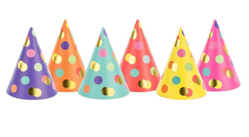 6 Partyhüte, Bunt mit Punkten 6 Partyhüte, Bunt mit Punkten