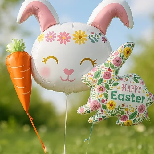 Osterhase, Luftballon, Karotte, Blumenmuster, Happy Easter
