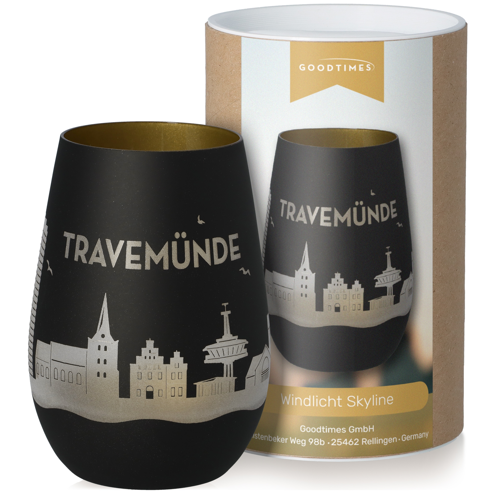 Windlicht Skyline Travemünde Schwarz/Gold Krug, Töpferei, Lampe