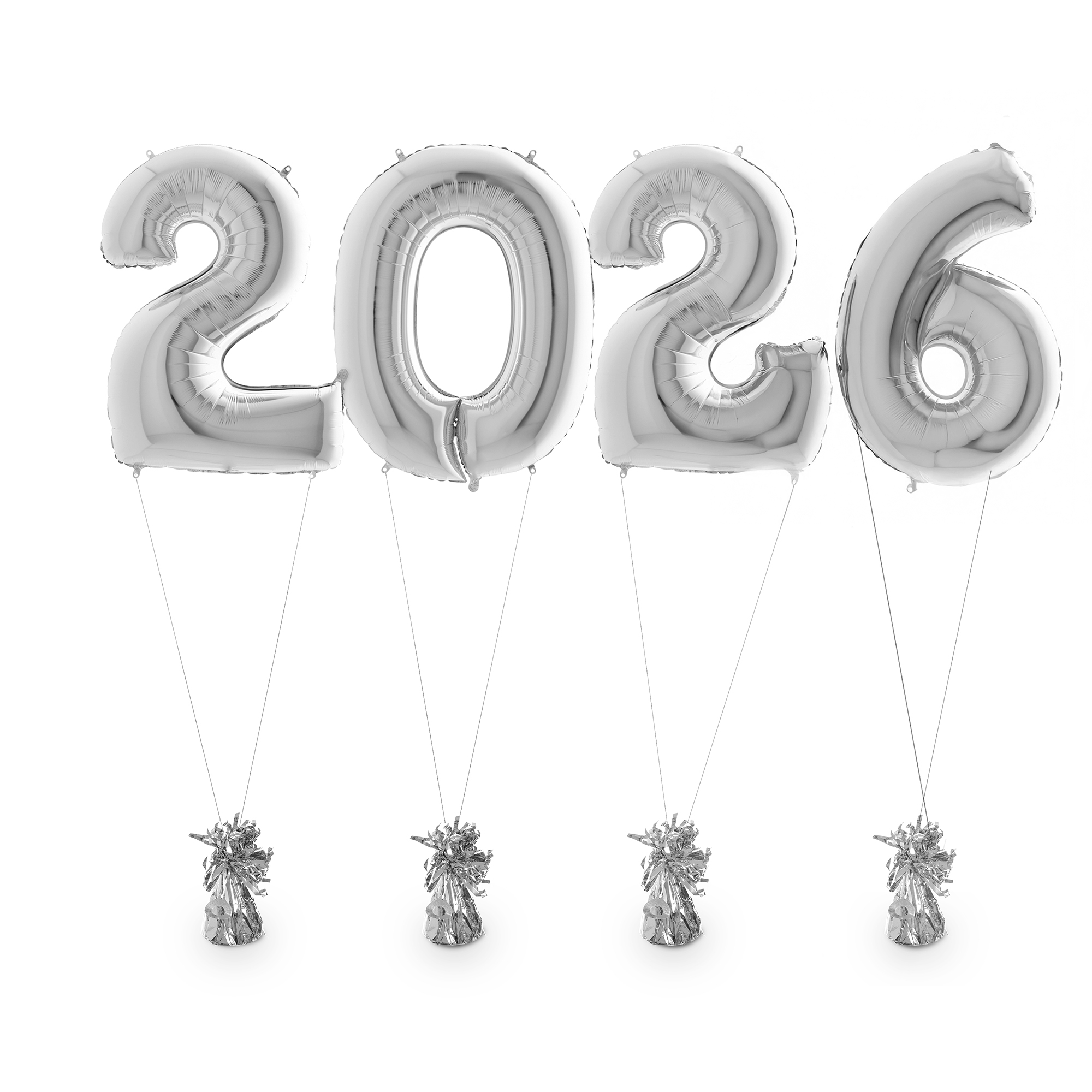Zahlenballons 2026 Silber inkl. Helium & Gewichten 100 cm Zahl, Symbol, Text
