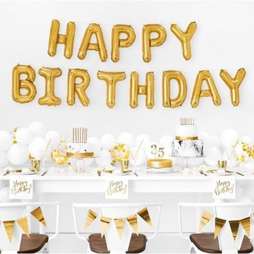 gold, birthday, balloons, decor, tableware