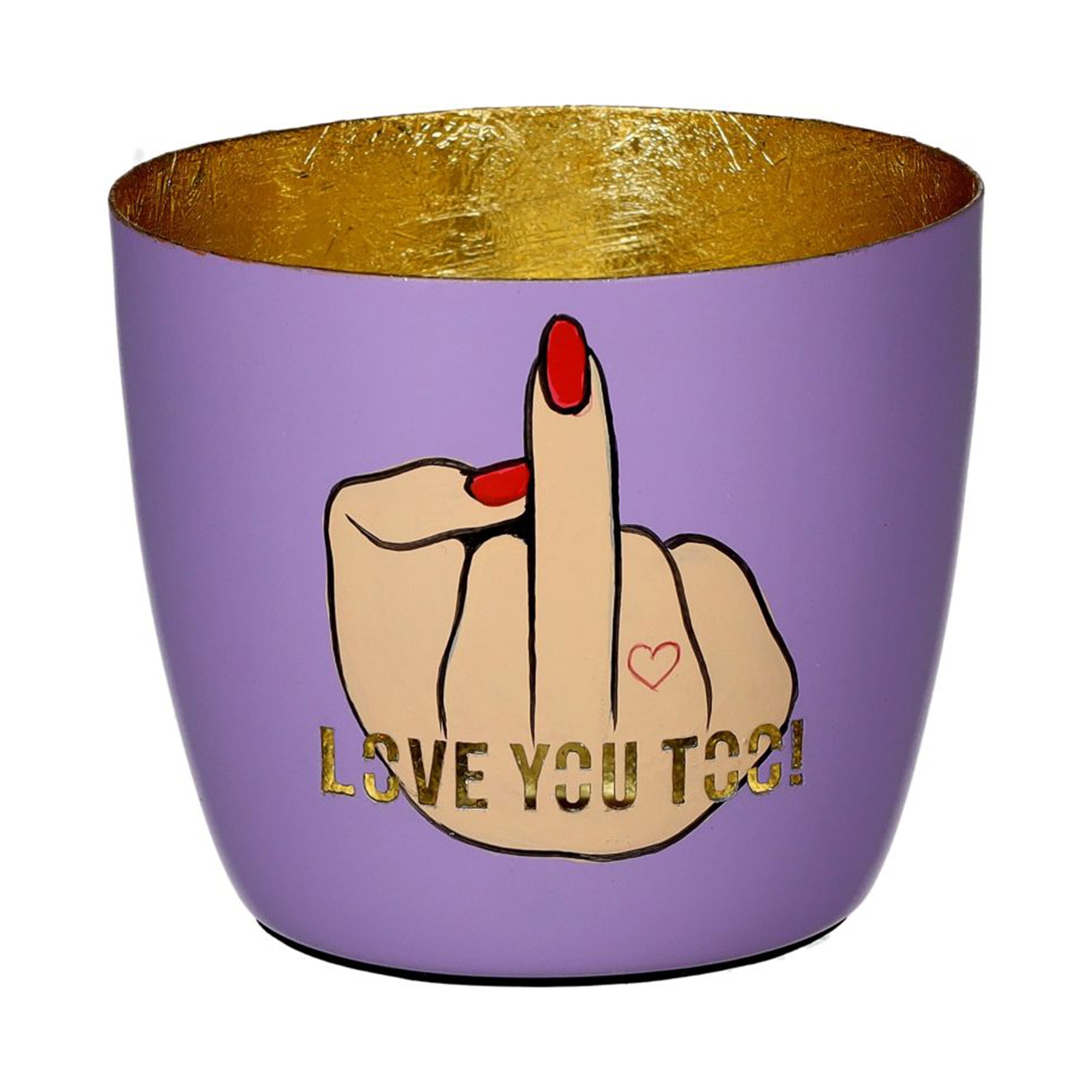 Madras Windlicht "Love you too", Lila/Gold - M Schale