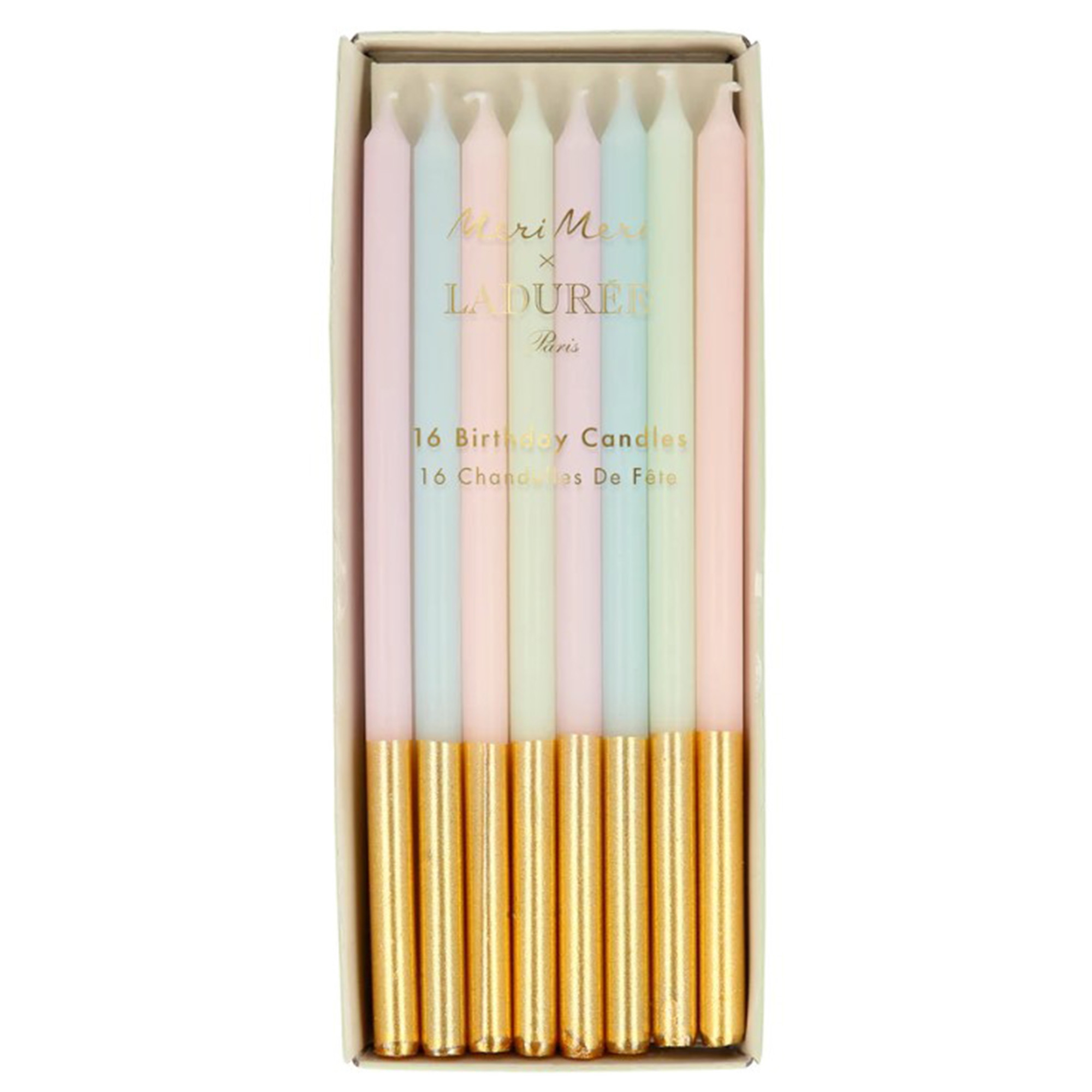 Meri Meri - 16 Geburtstagskerzen, Pastelltöne getaucht in Gold Meri Meri - 16 Geburtstagskerzen, Pastelltöne getaucht in Gold