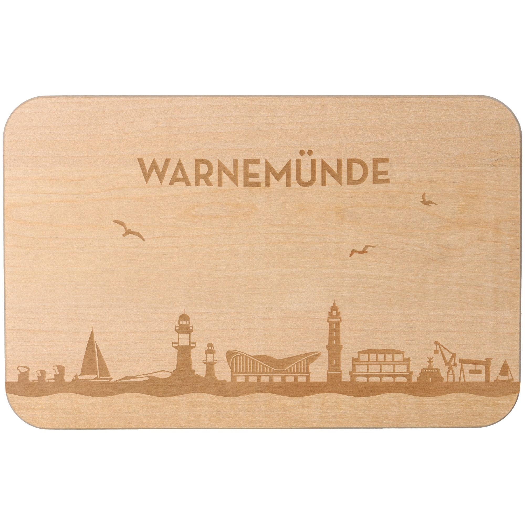 Frühstücksbrett Skyline Warnemünde 23cm x 15cm x 1cm Holz, Sperrholz, Matte, Boot, Fahrzeug
