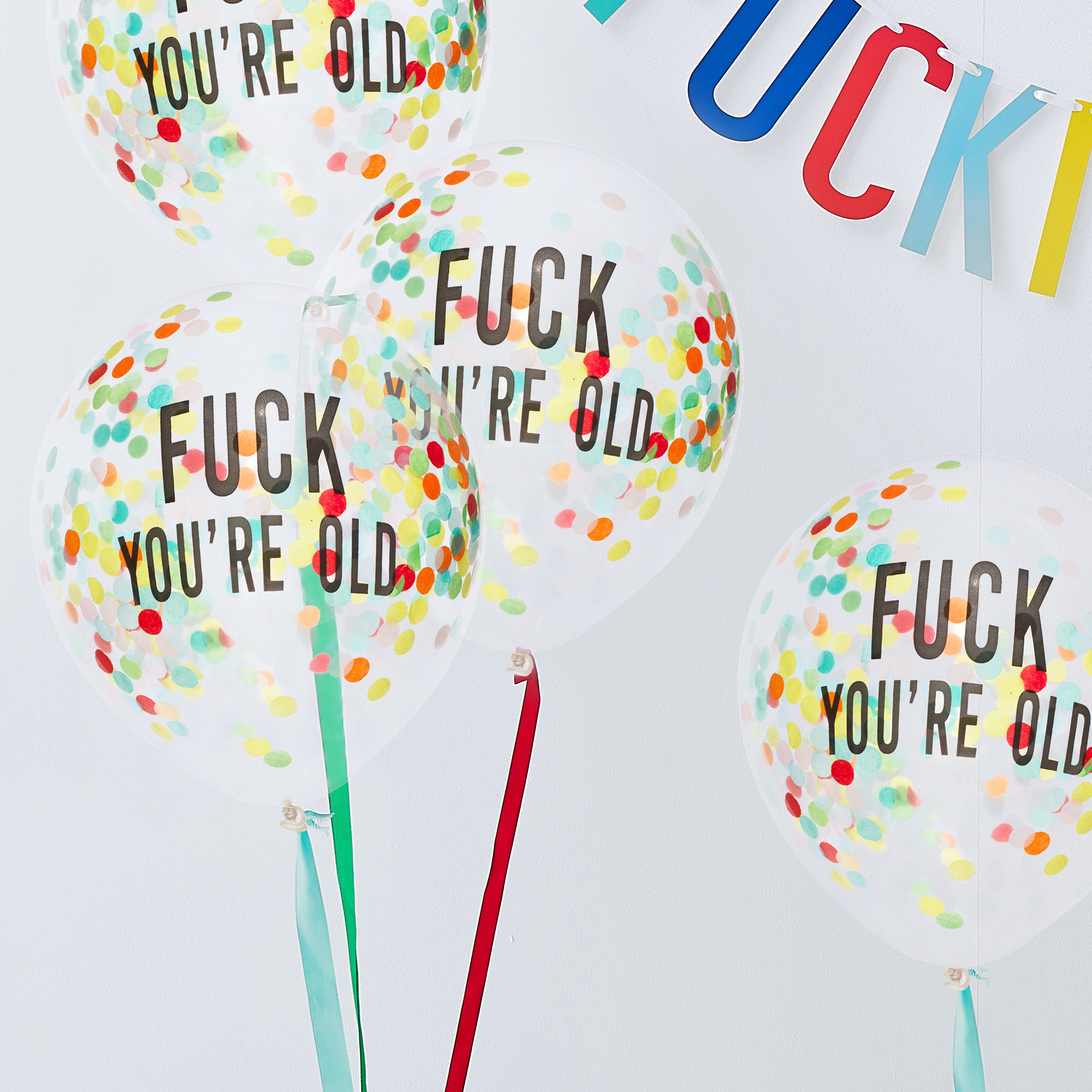 5 Konfettiballons "Fuck you're old" Bunt