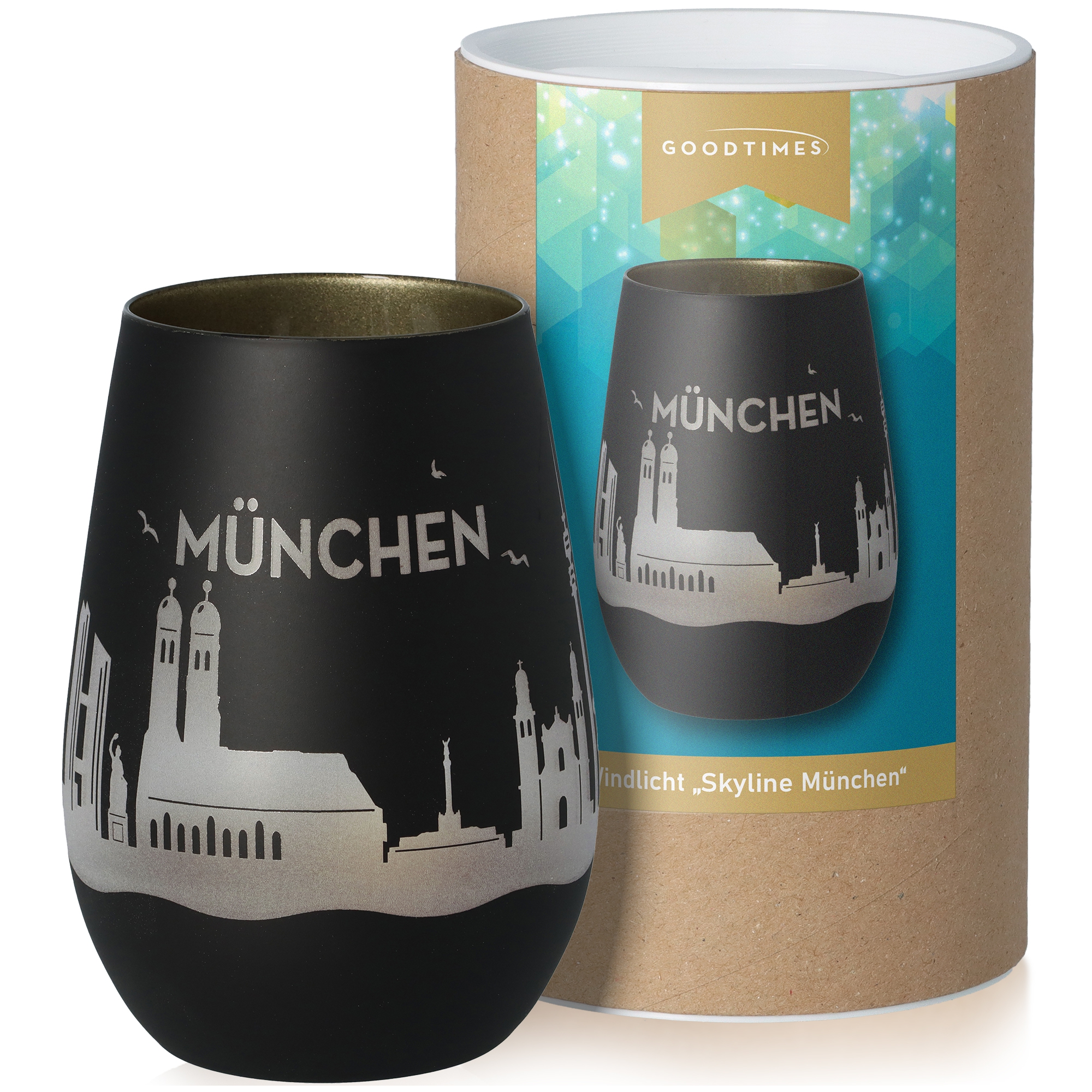 Windlicht Skyline München Schwarz/Gold