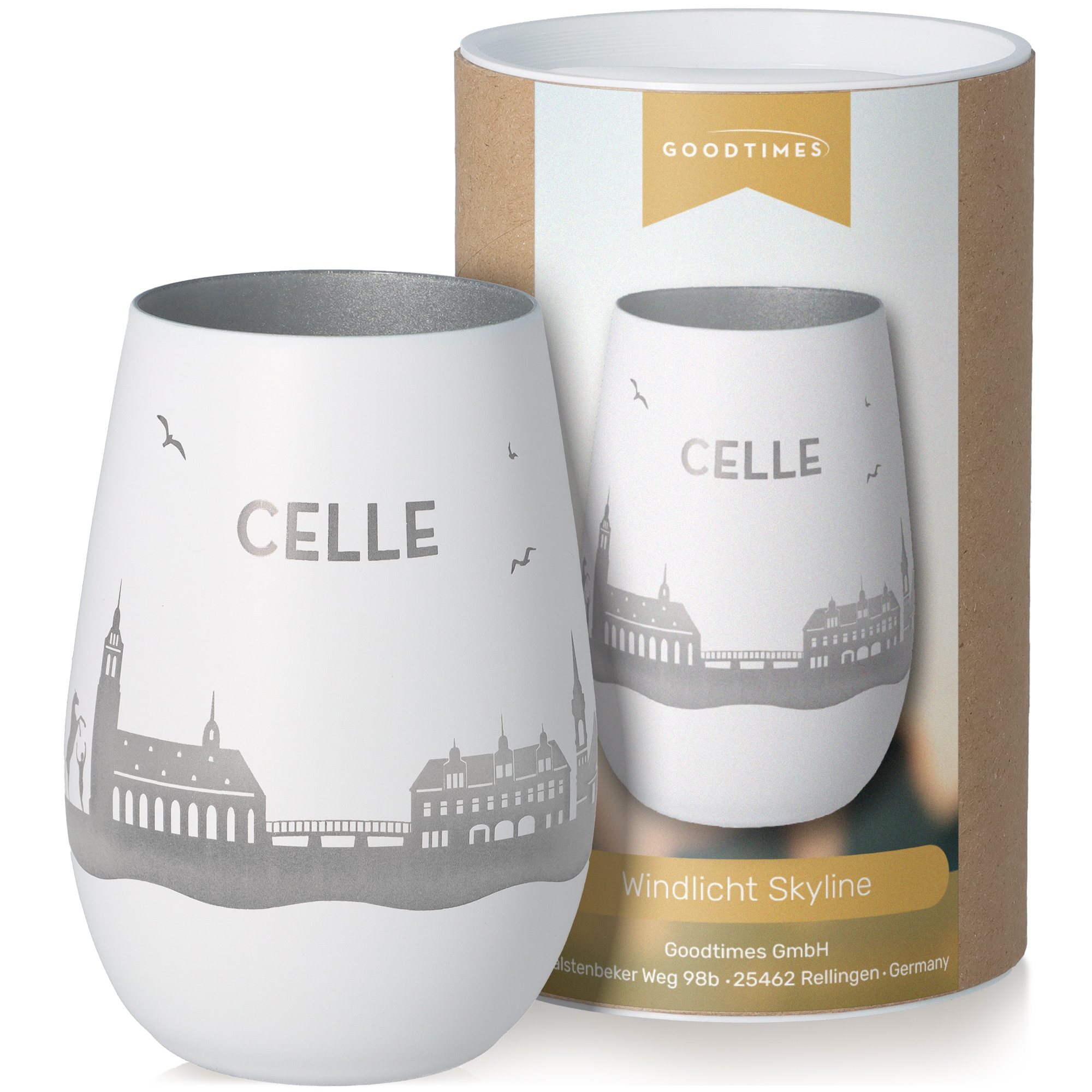 Windlicht Skyline Celle Weiß/Silber Töpferei, Krug, Tasse, Glas