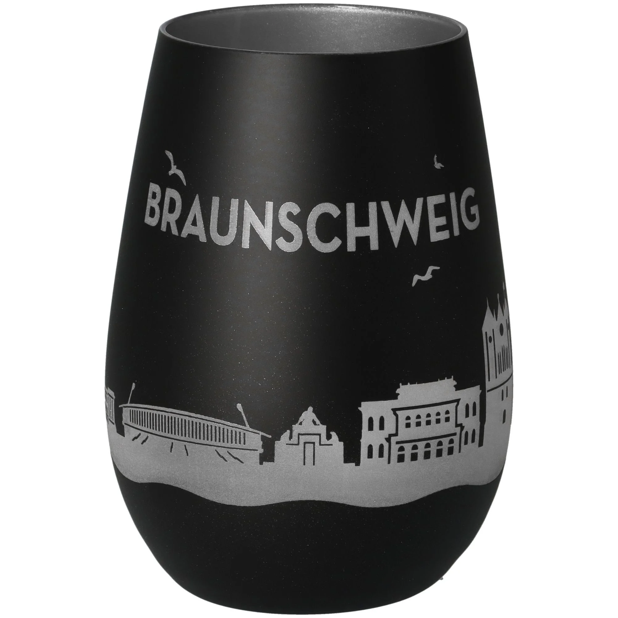Schmuckvasen, Glasvase, schwarz, Stadtmotiv, Silberdruck