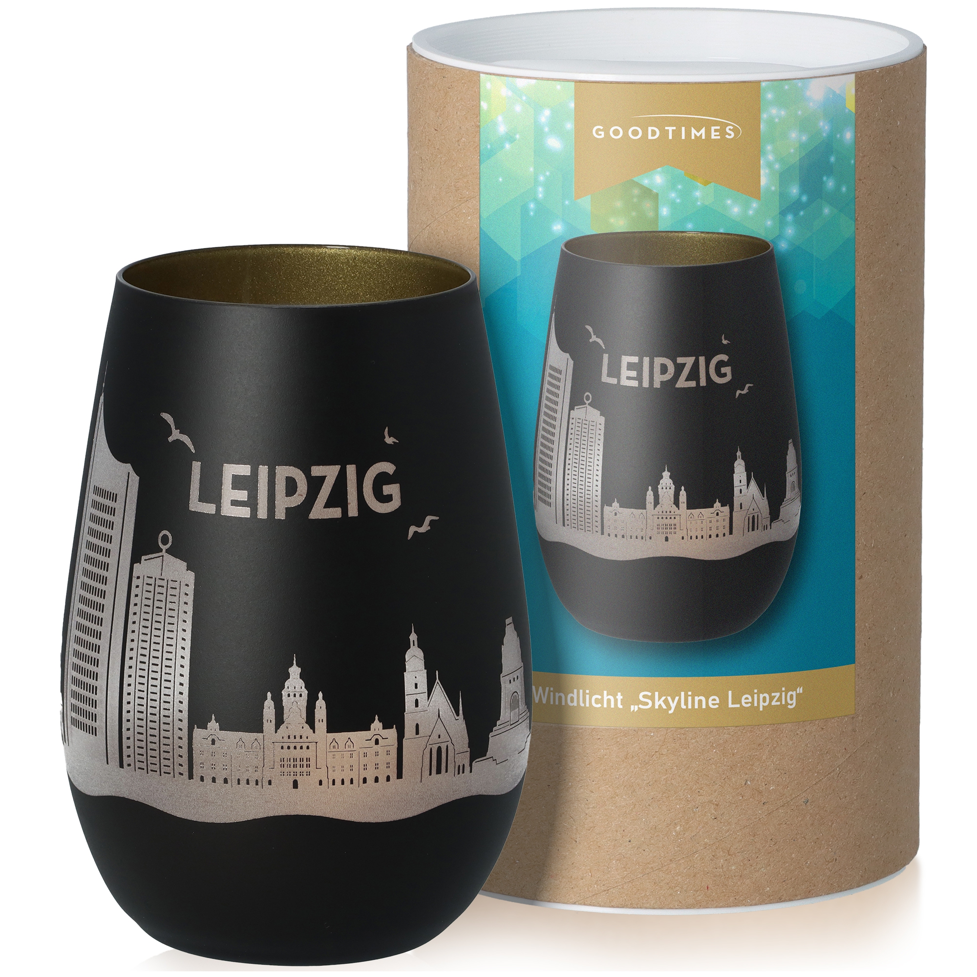 Windlicht Skyline Leipzig Schwarz/Gold