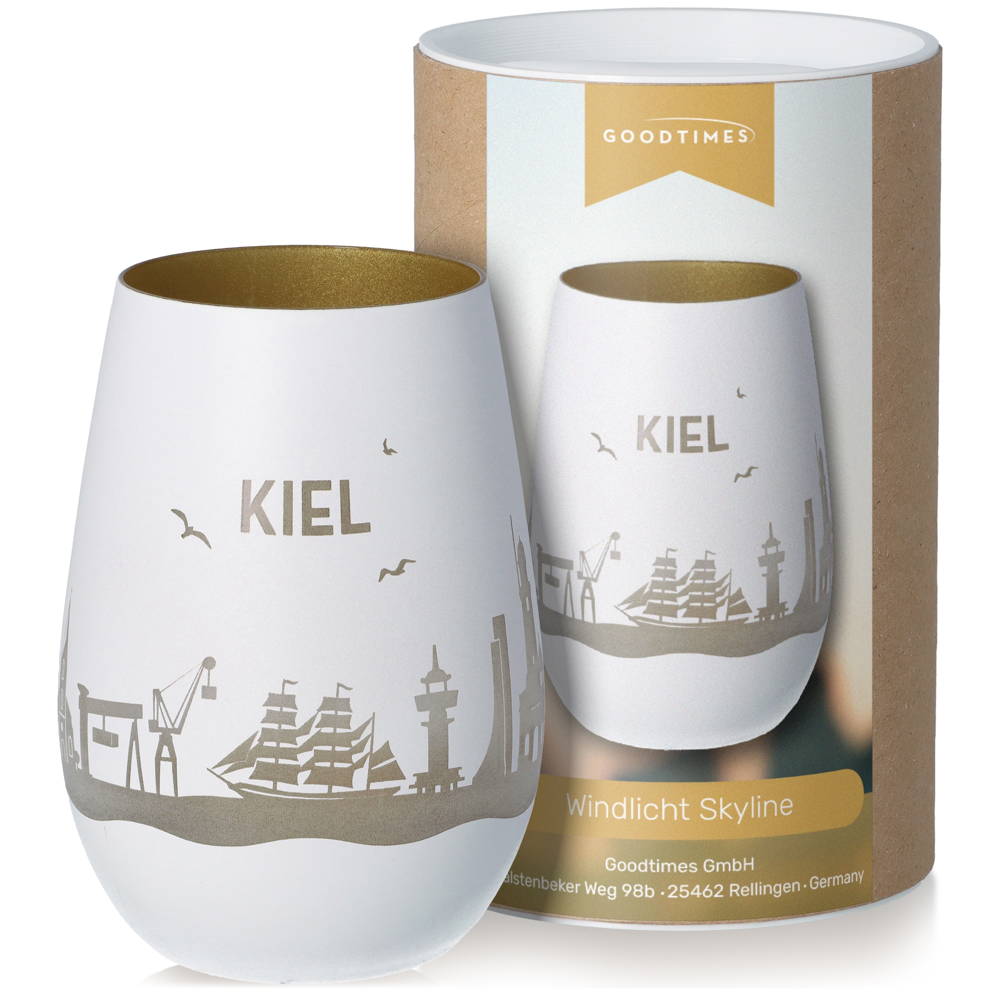 Windlicht Skyline Kiel Weiß/Gold Töpferei, Krug, Porzellan, Tasse, Vase