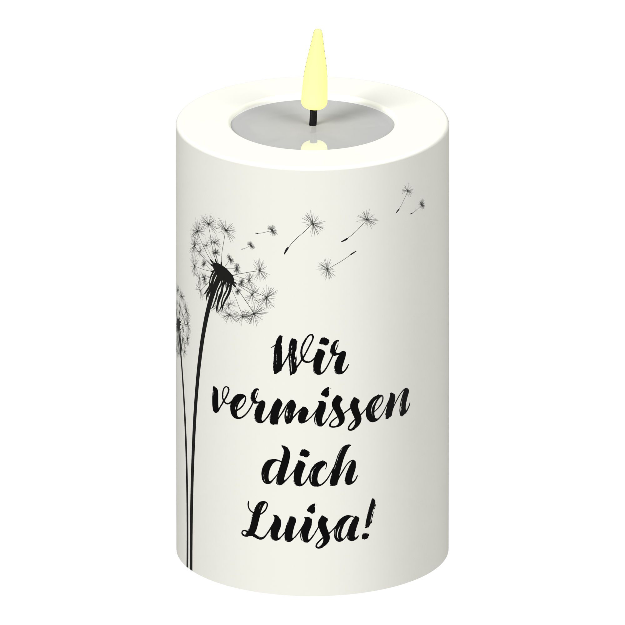 LED Stumpenkerze Weiß Pusteblume "Wir vermissen dich NAME"!