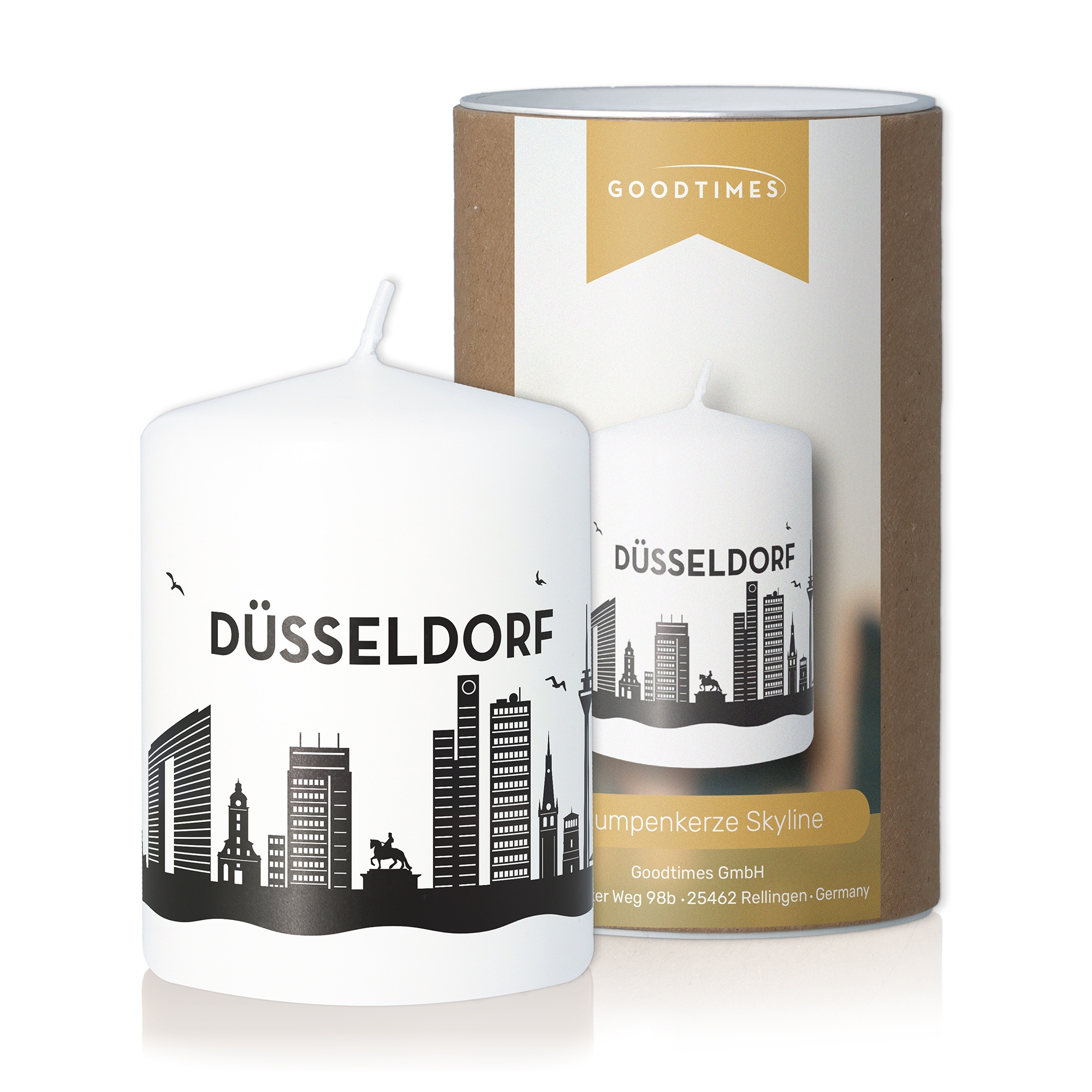 Stumpenkerze Skyline Düsseldorf Weiß