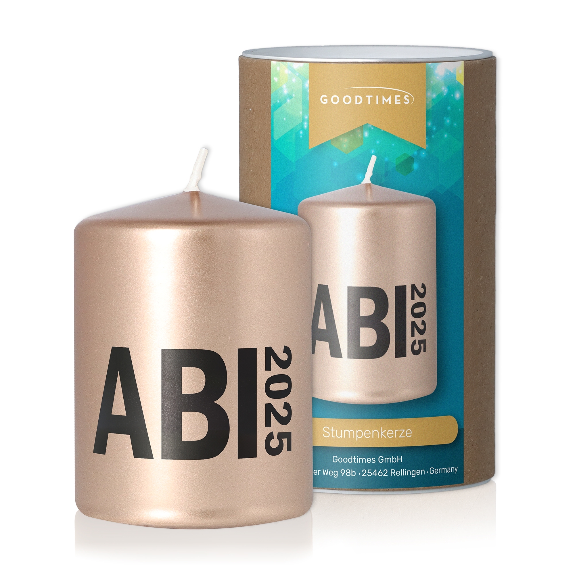 Goodtimes Stumpenkerze Roségold "ABI 2025" Kerze