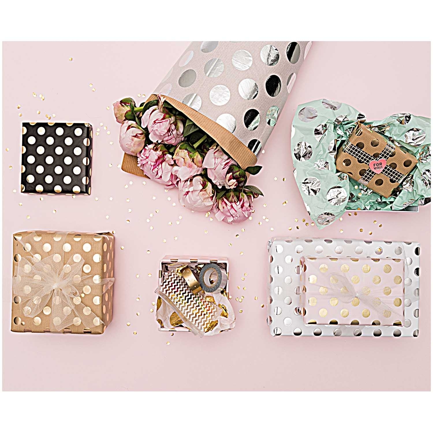 Seidenpapier Rosa - Punkte Gold, 4 Bögen Seidenpapier Rosa - Punkte Gold, 4 Bögen