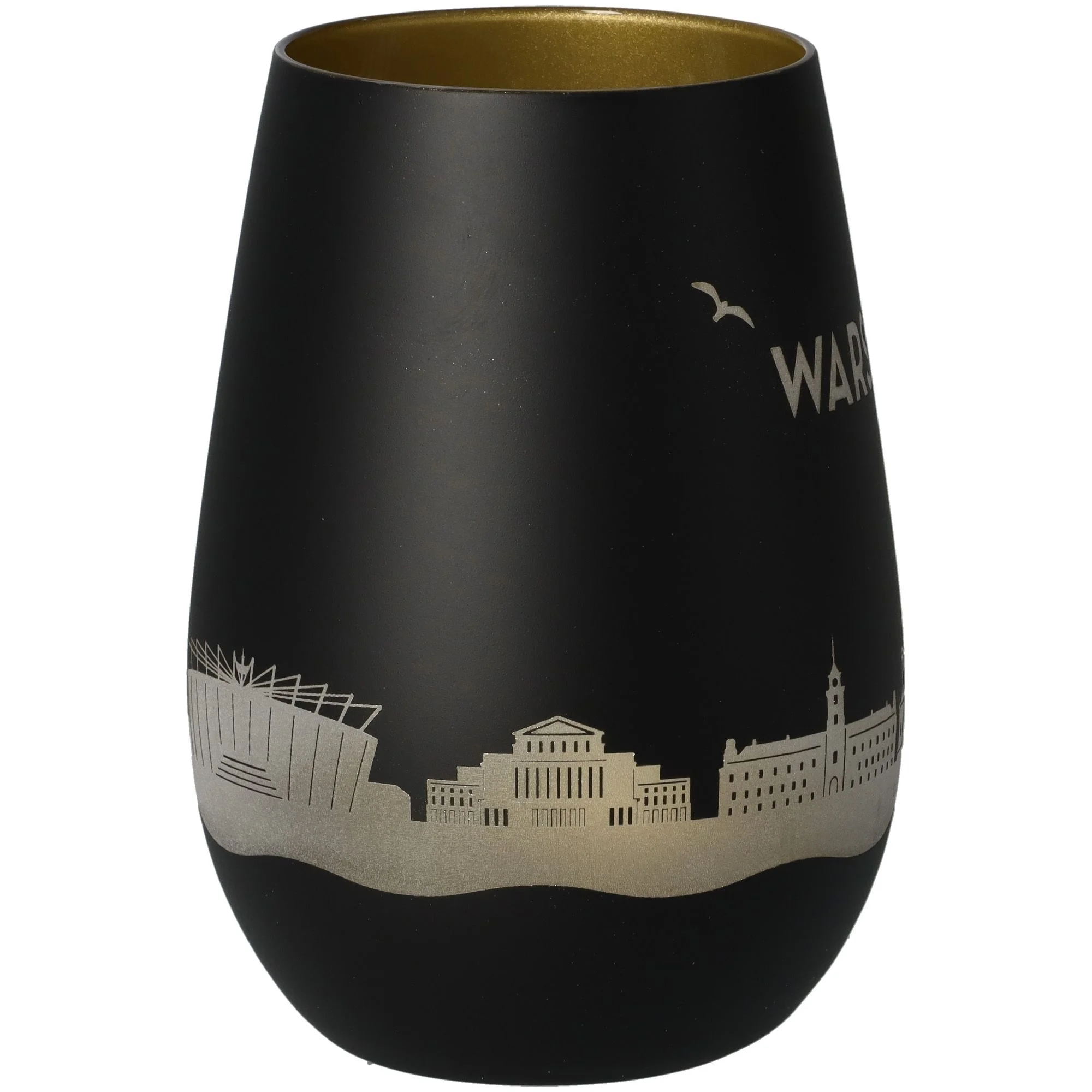 Vase, mattschwarz, Stadt-Skyline, Silberdruck, goldenes Innere