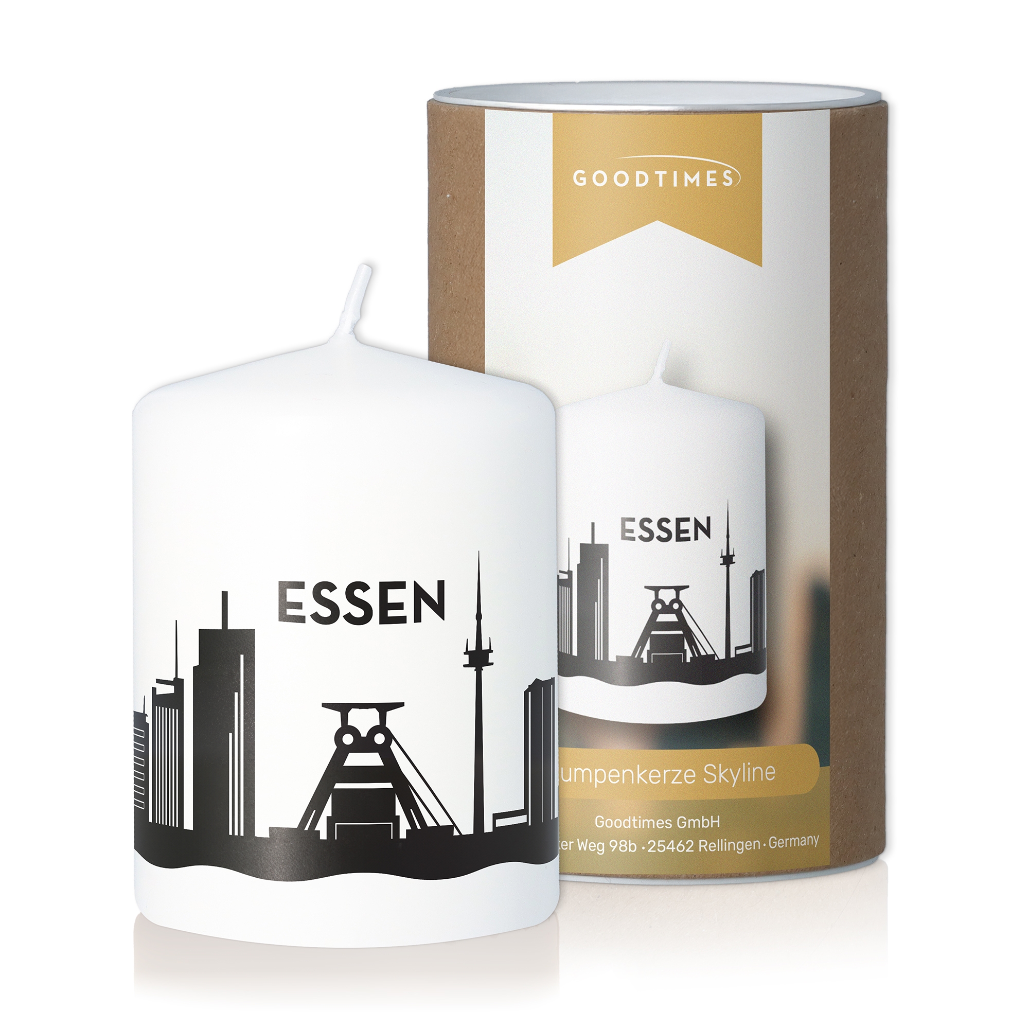 Stumpenkerze Skyline Essen Weiß Stumpenkerze Skyline Essen Weiß