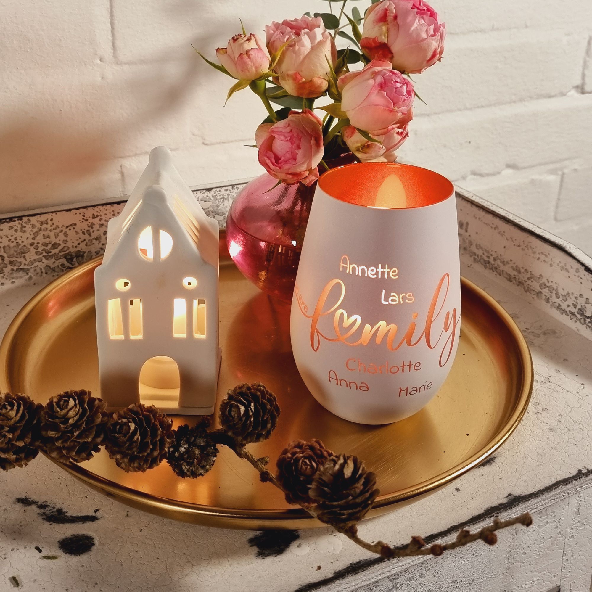 Windlicht We Are Family "Namen" Schwarz/Bronze 465ml