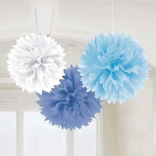 Pompon, Papierdekoration, Hängedekoration, Blaues Pompon, Weißes Pompon