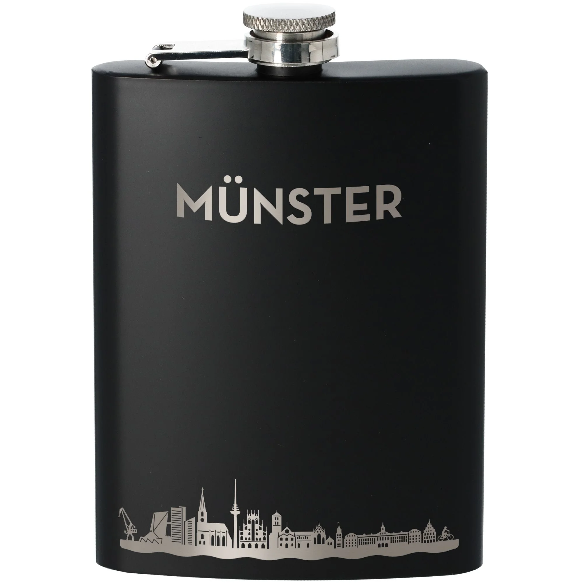 Flasche, Flachmann, Kofferform, Schwarz, Münster-Design