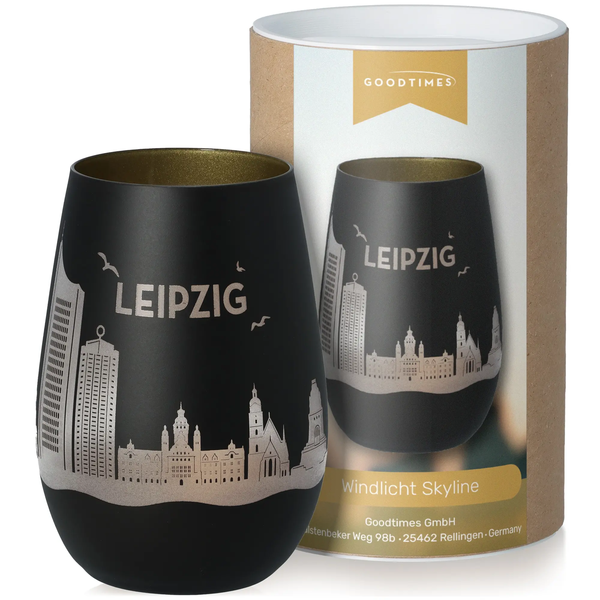Windlicht Skyline Leipzig Schwarz/Gold