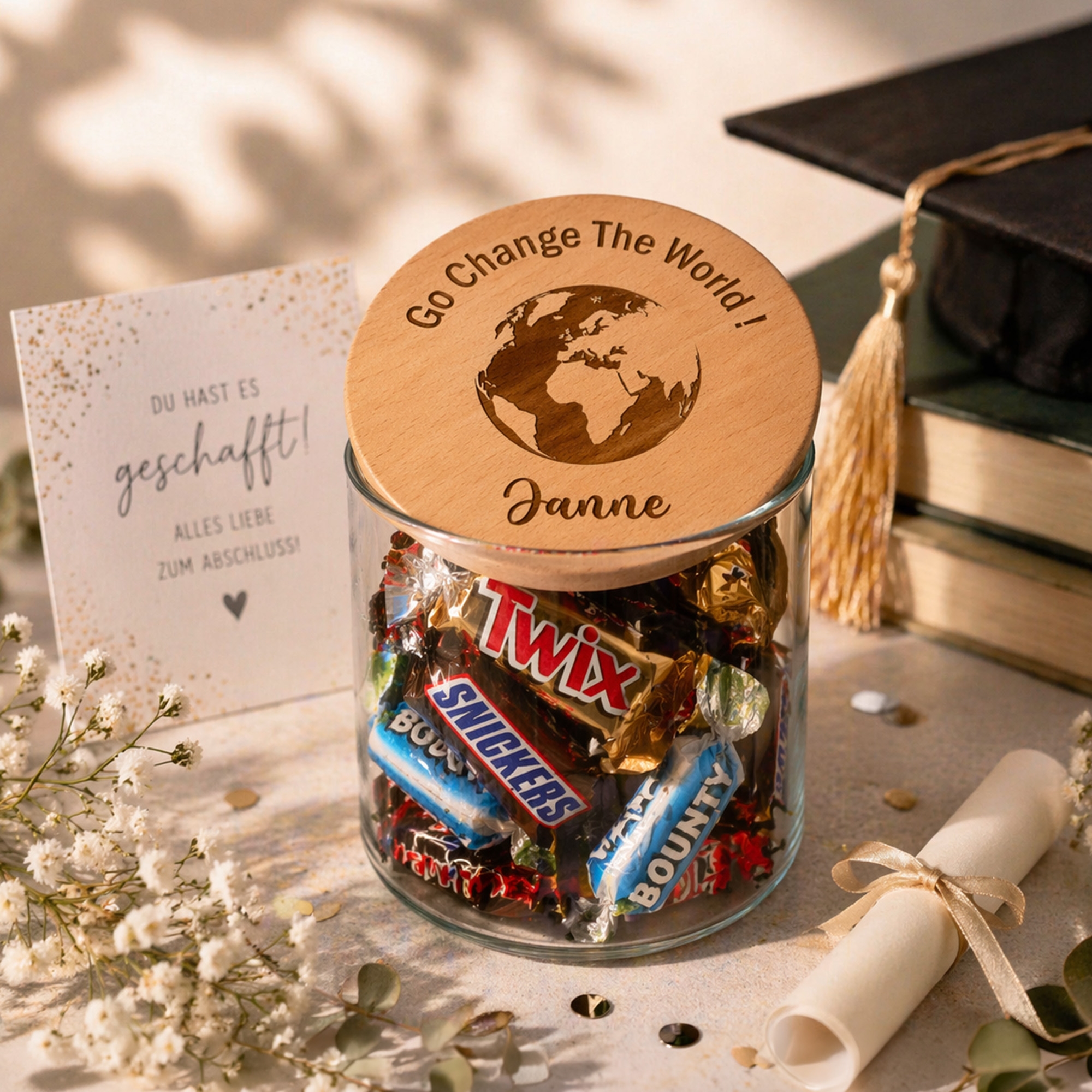 Gläserne Dose, Süßigkeiten-Auswahl, Twix, Bounty, Hochzeitsmitgebsel