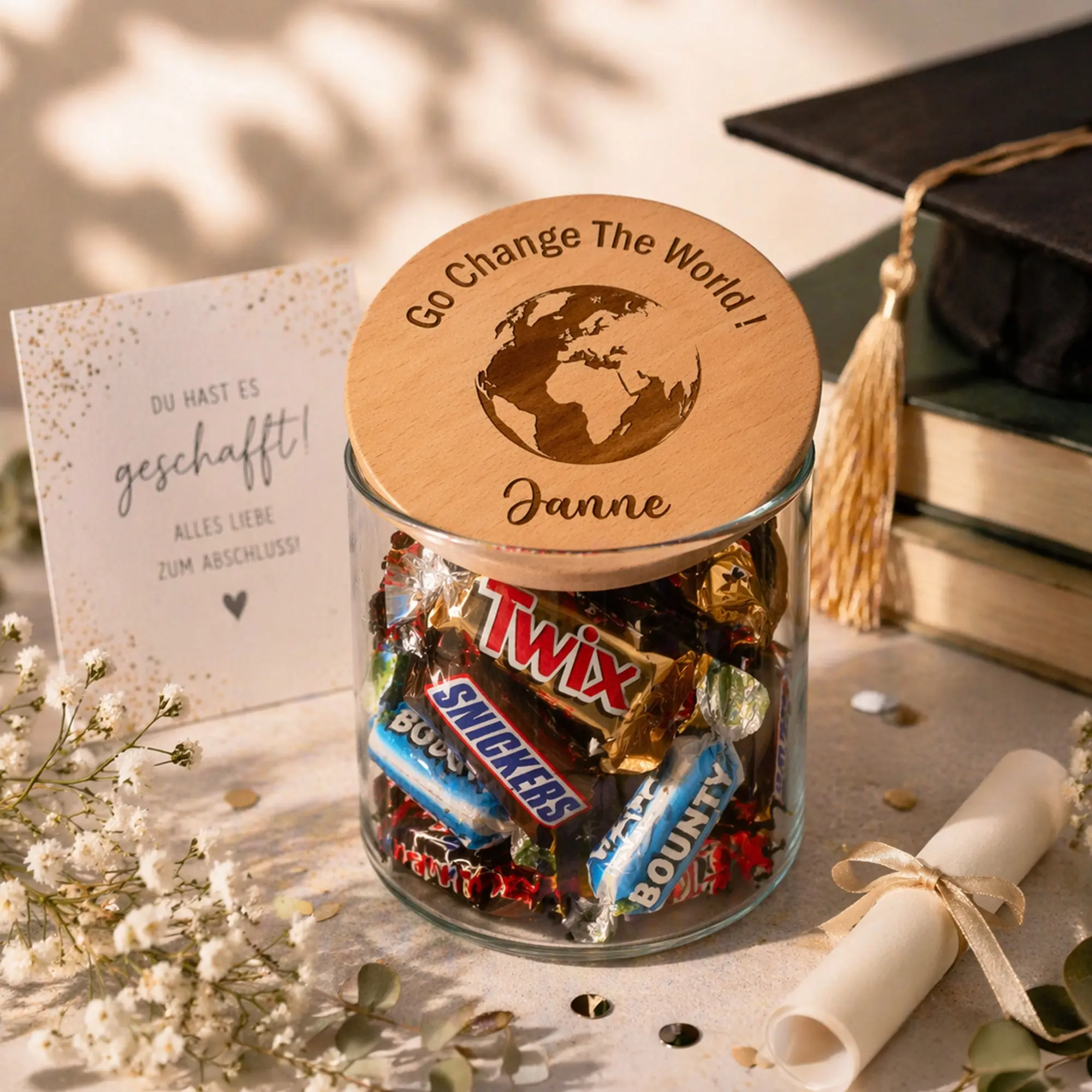 Gläserne Dose, Süßigkeiten-Auswahl, Twix, Bounty, Hochzeitsmitgebsel