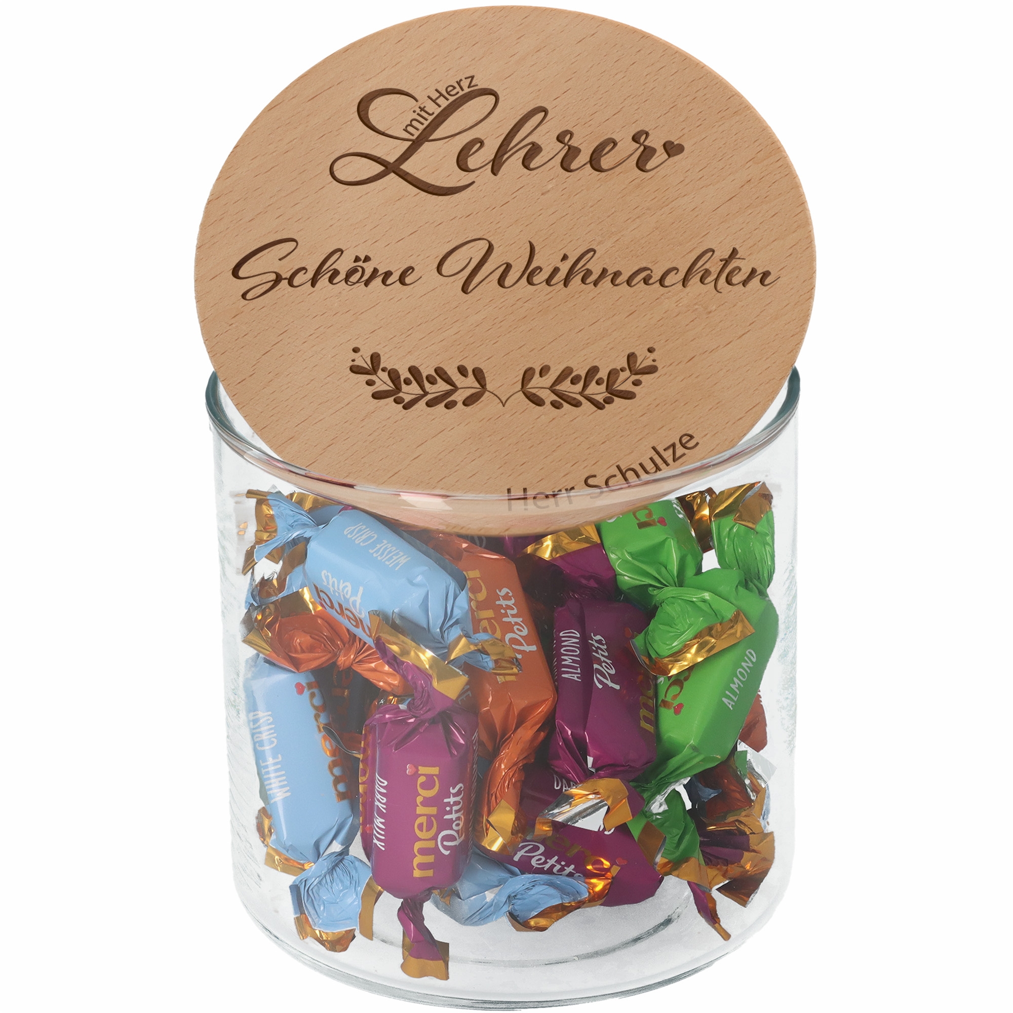 0ddacec2fb3bc95d15420bd7e7554fca1ae6183b Geschenkglas Lehrer mit Herz Schöne Weihnachten "Name" 530ml