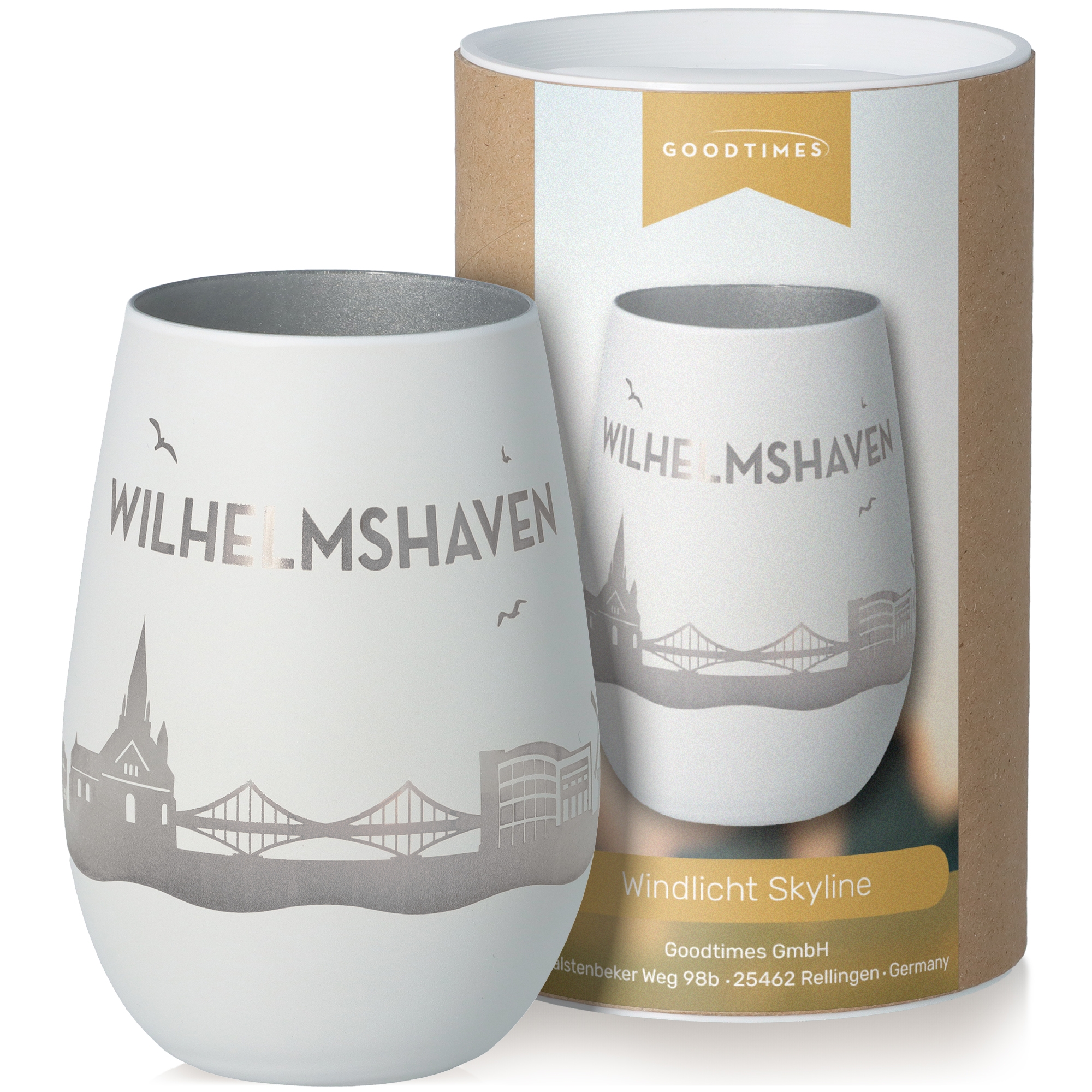 Windlicht Skyline Wilhelmshaven Weiß/Silber Töpferei, Tasse, Porzellan, Kaffee, Kaffeetasse