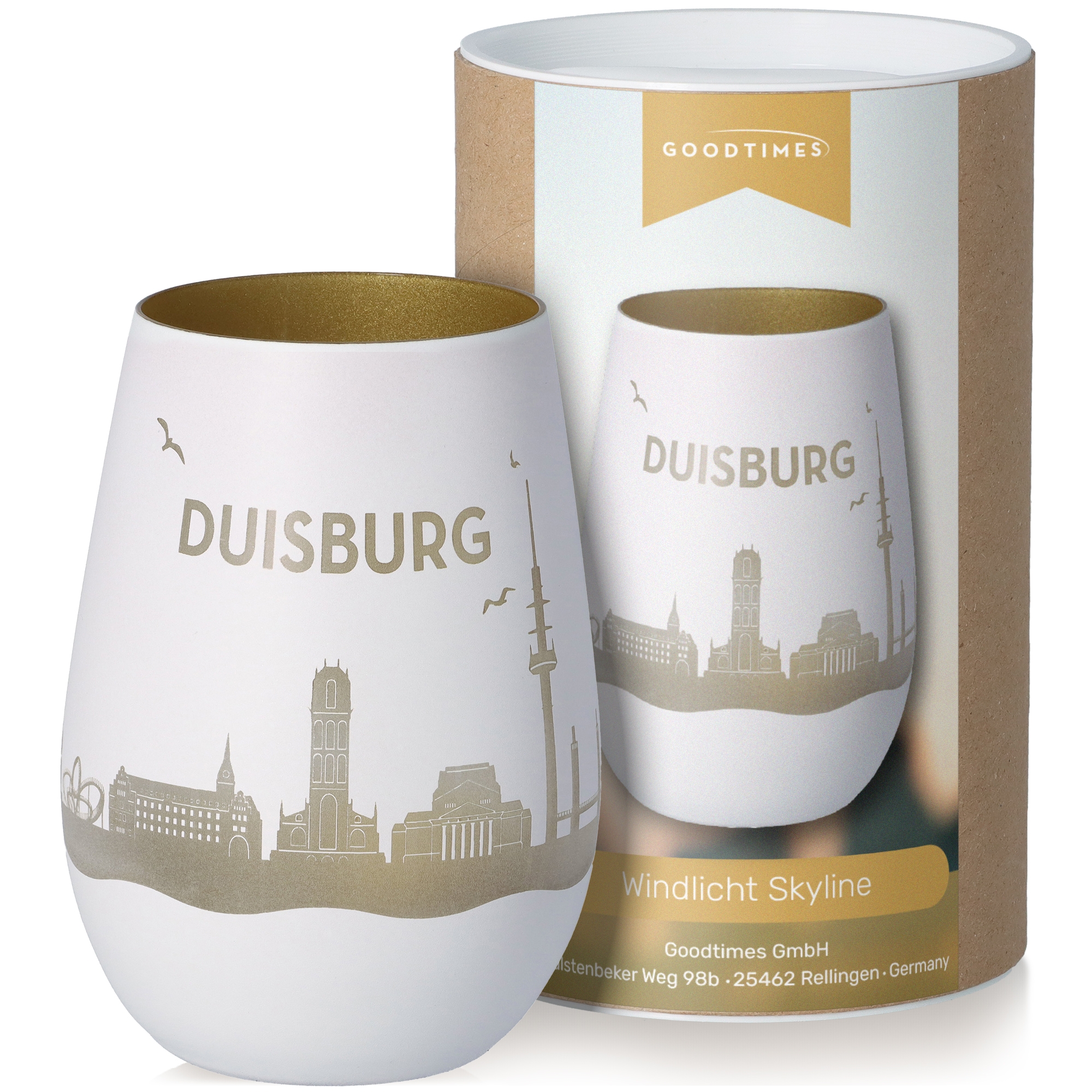 Windlicht Skyline Duisburg Weiß/Gold Töpferei, Kunst, Porzellan, Tasse, Krug