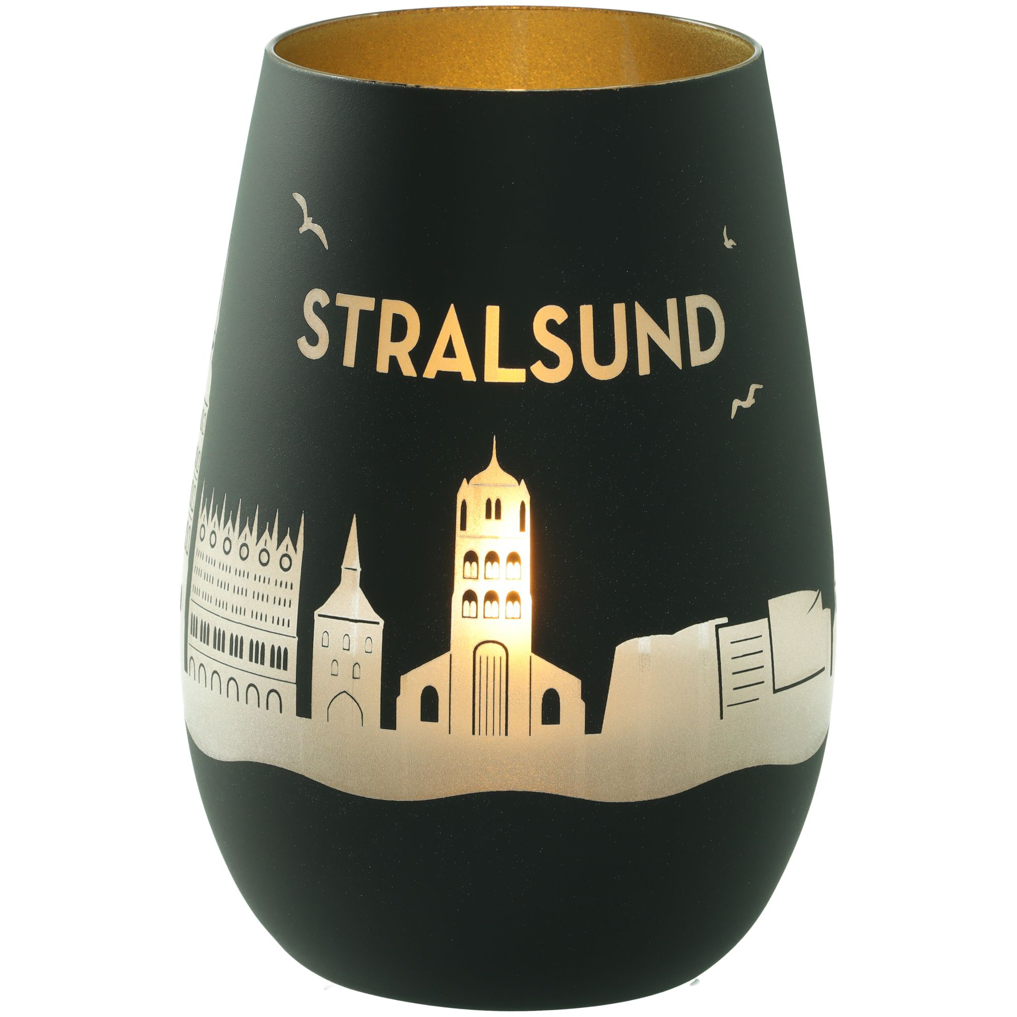 Windlicht Skyline Stralsund Schwarz/Gold