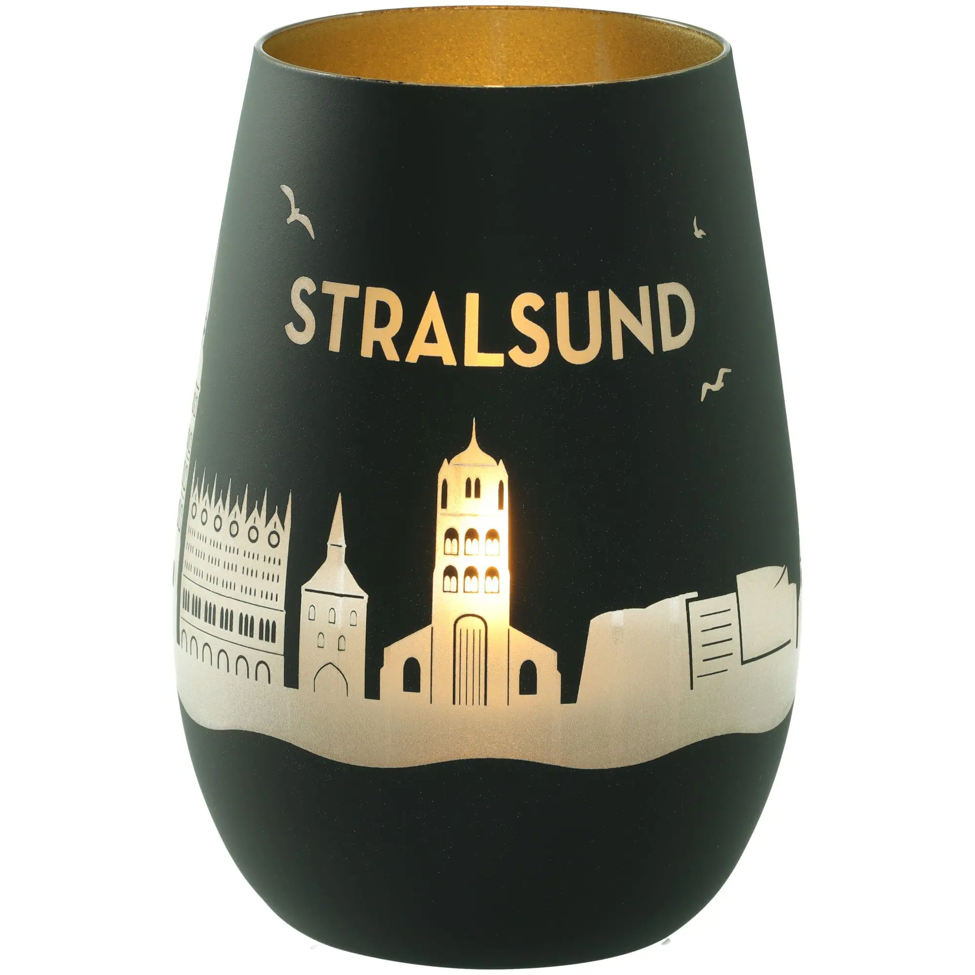 Windlicht Skyline Stralsund Schwarz/Gold