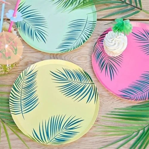Teller, Papier, Teller mit Palmendesign, Sommerdeko, Pappe