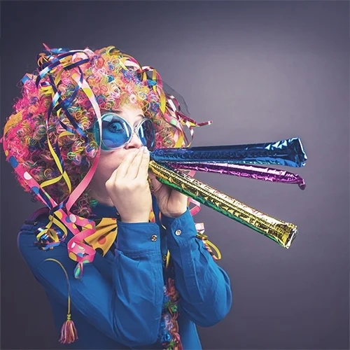 party, party horns, clown outfit, colorful wig, glasses