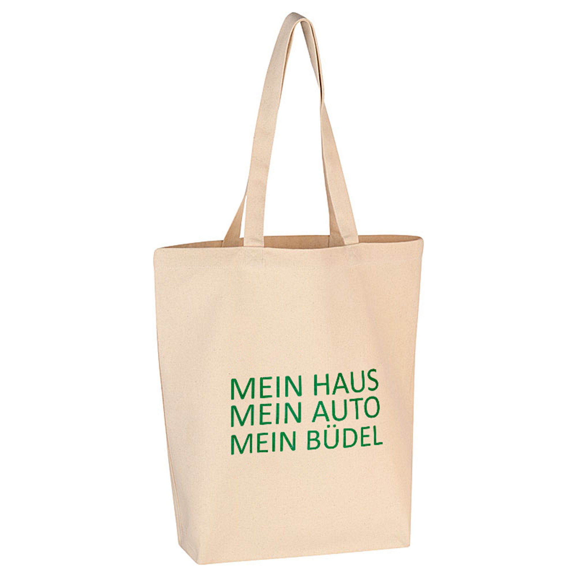 Baumwolltasche "Mein Haus, mein Auto, mein Büdel" Grün Baumwolltasche "Mein Haus, mein Auto, mein Büdel" Grün