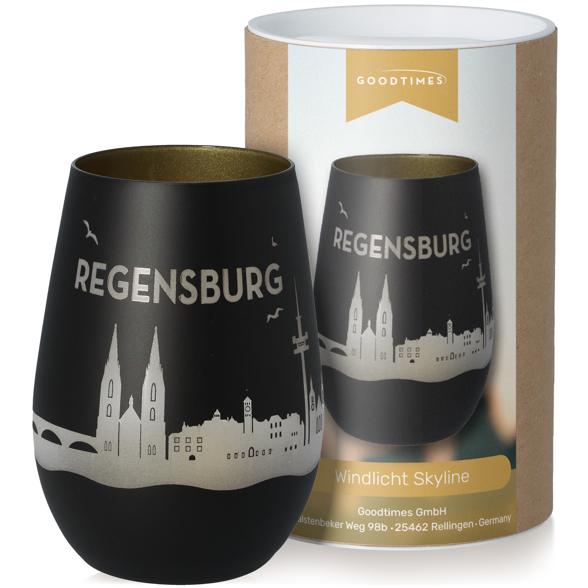 Windlicht Skyline Regensburg Schwarz/Gold Pokal, Krug, Töpferei