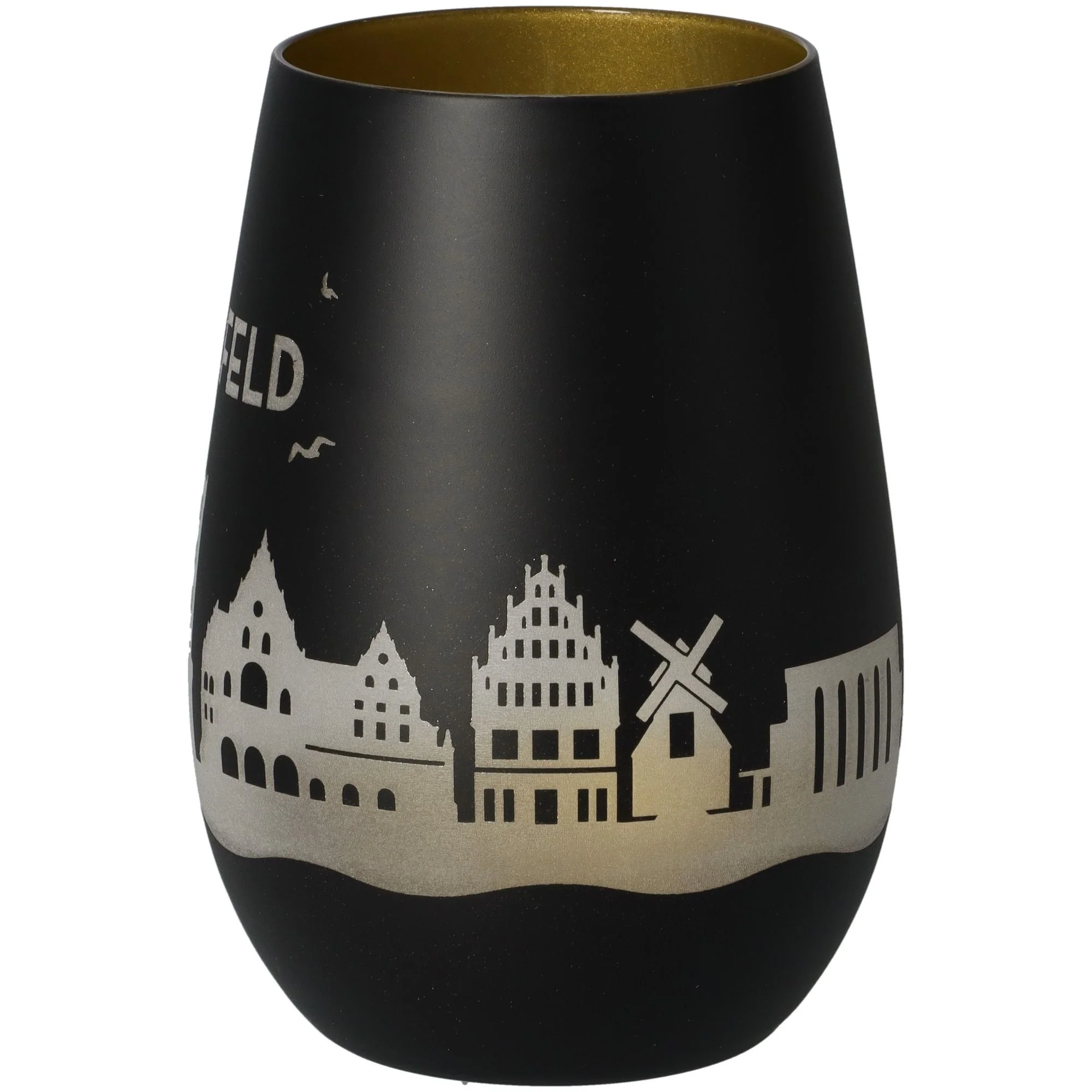 vase, glazed, schwarz, städteansicht, silbermuster