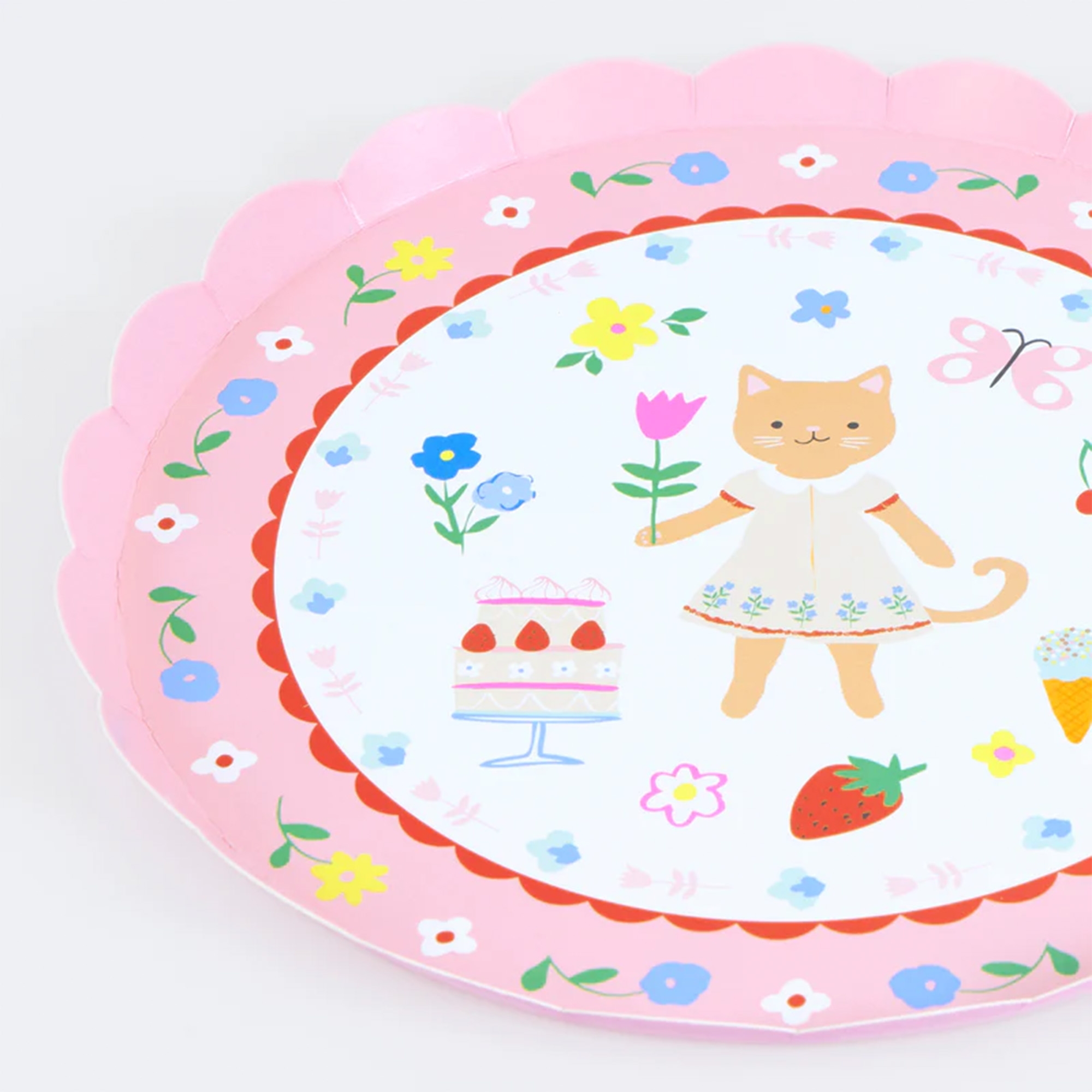 Kinderplatte, Pappteller, Katze, Blumenmuster, Himbeerrosa