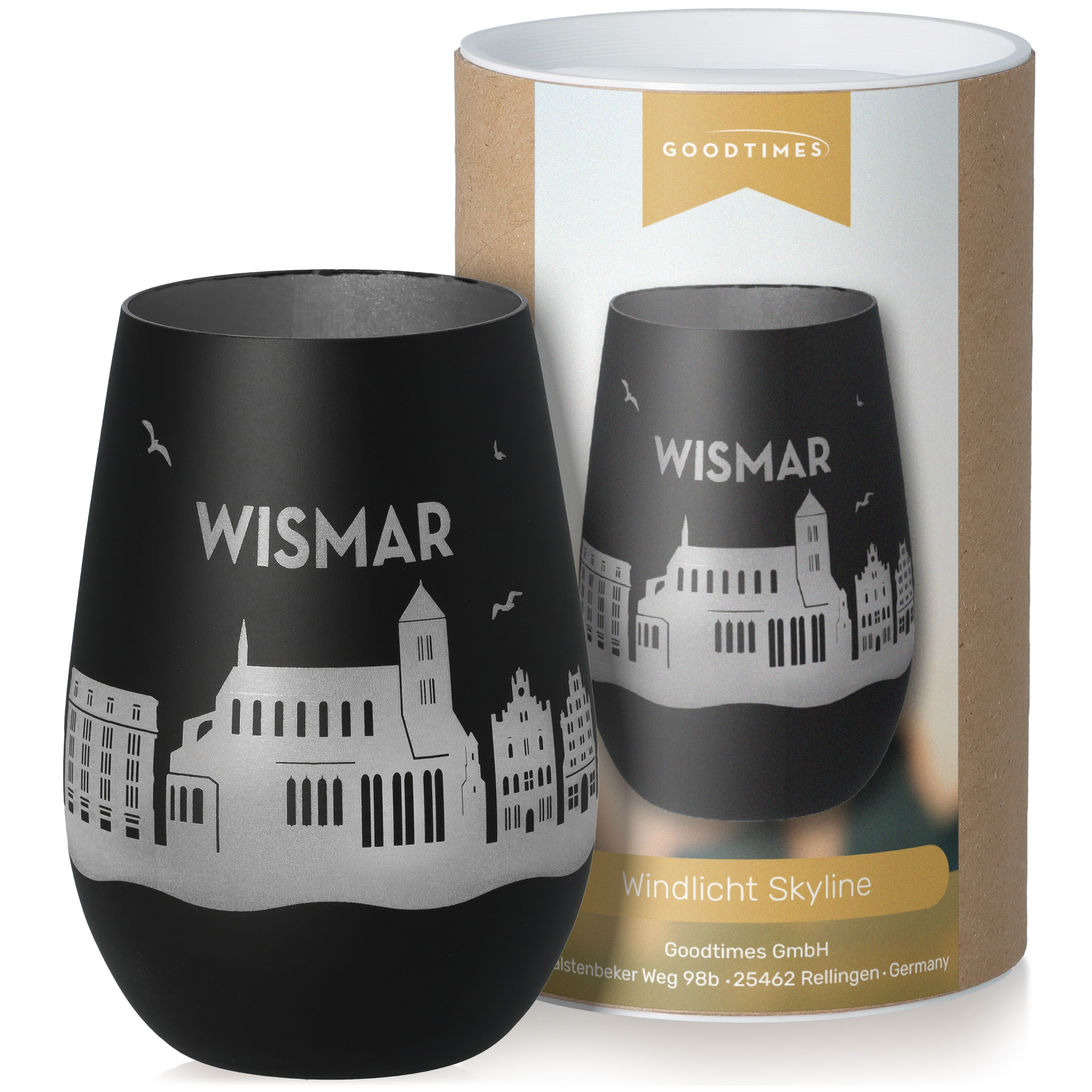 Windlicht Skyline Wismar Schwarz/Silber Krug, Töpferei