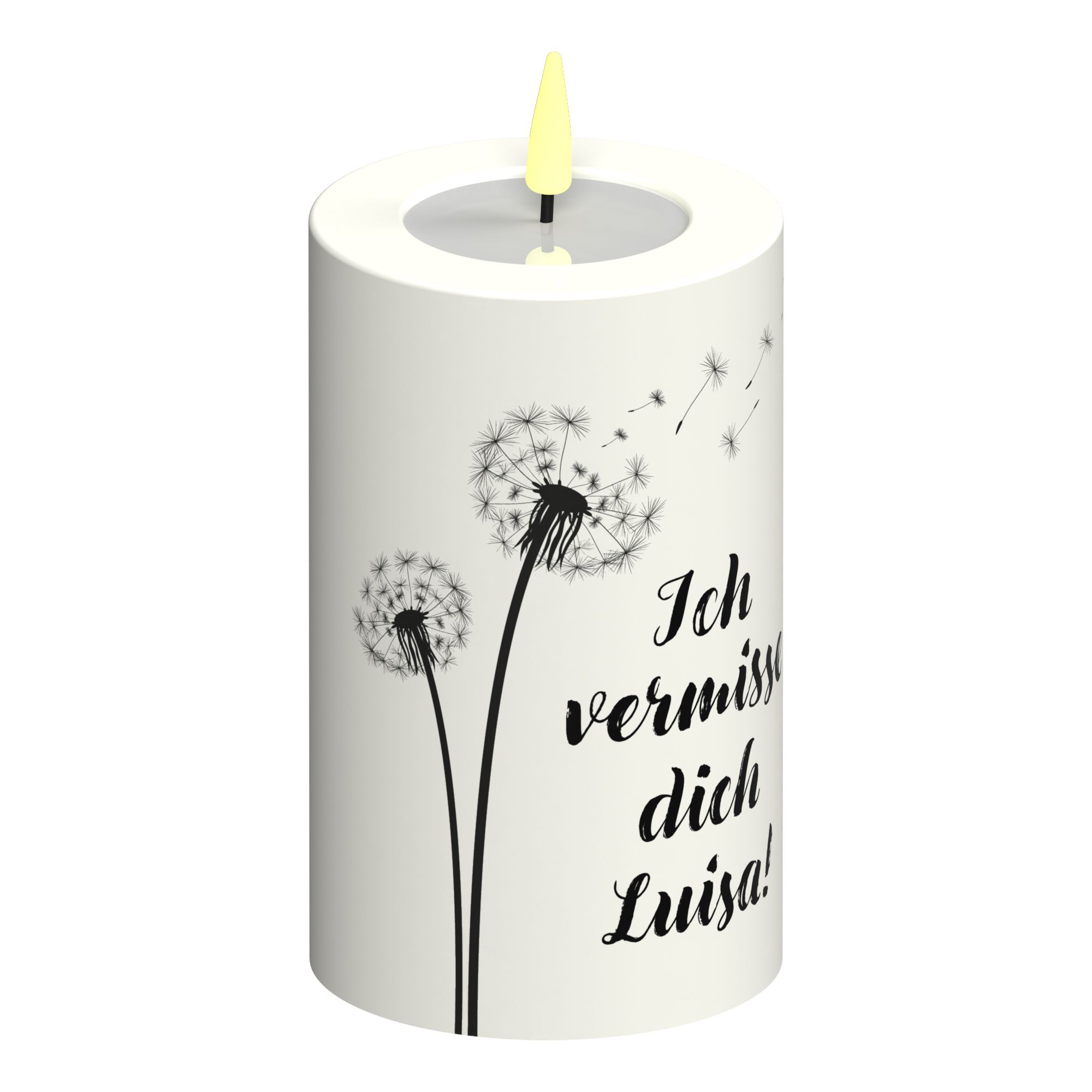 LED Stumpenkerze Weiß Pusteblume "Ich vermisse dich NAME"!