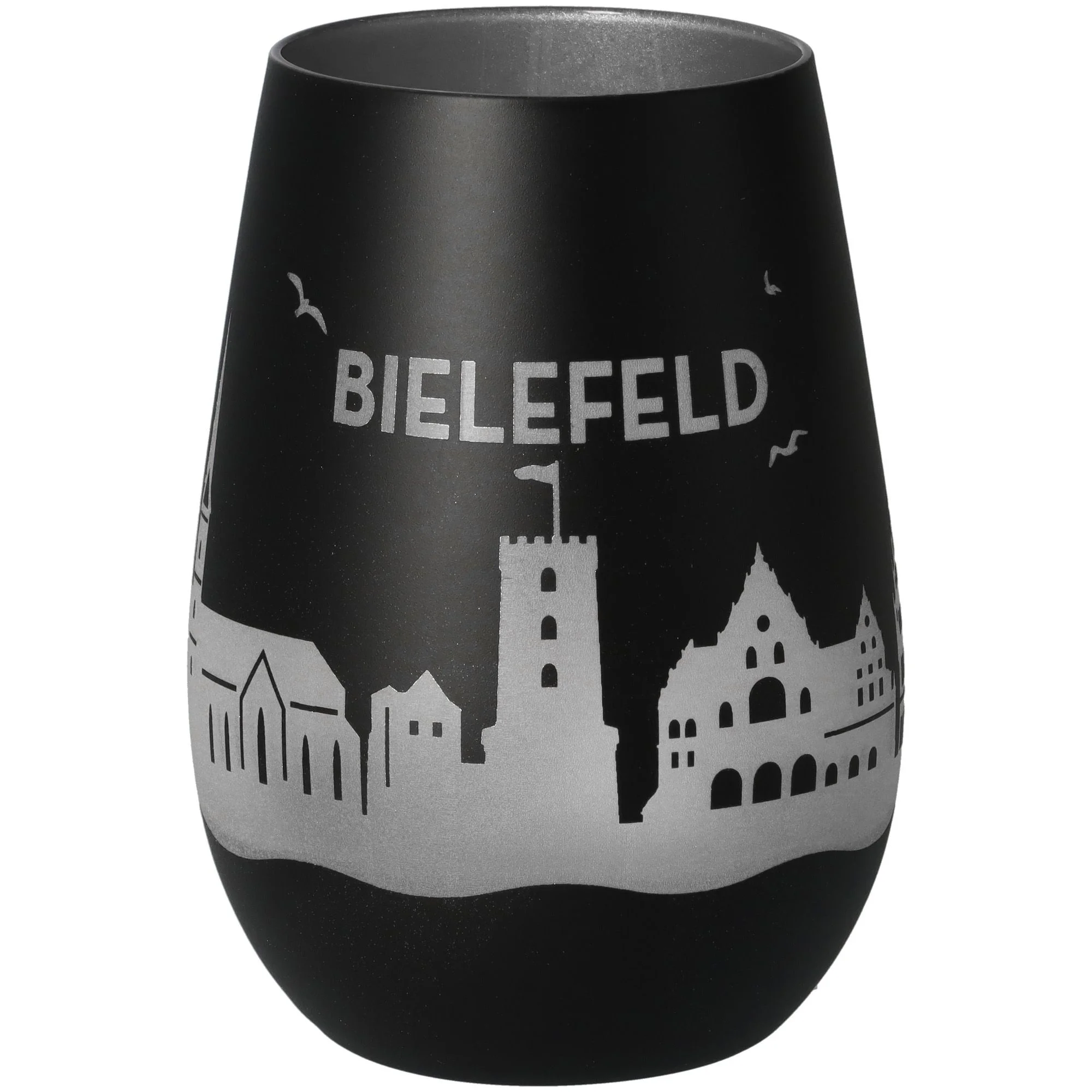 schwarz, Vasenform, Gläser, City-Silhouette, Bielefeld