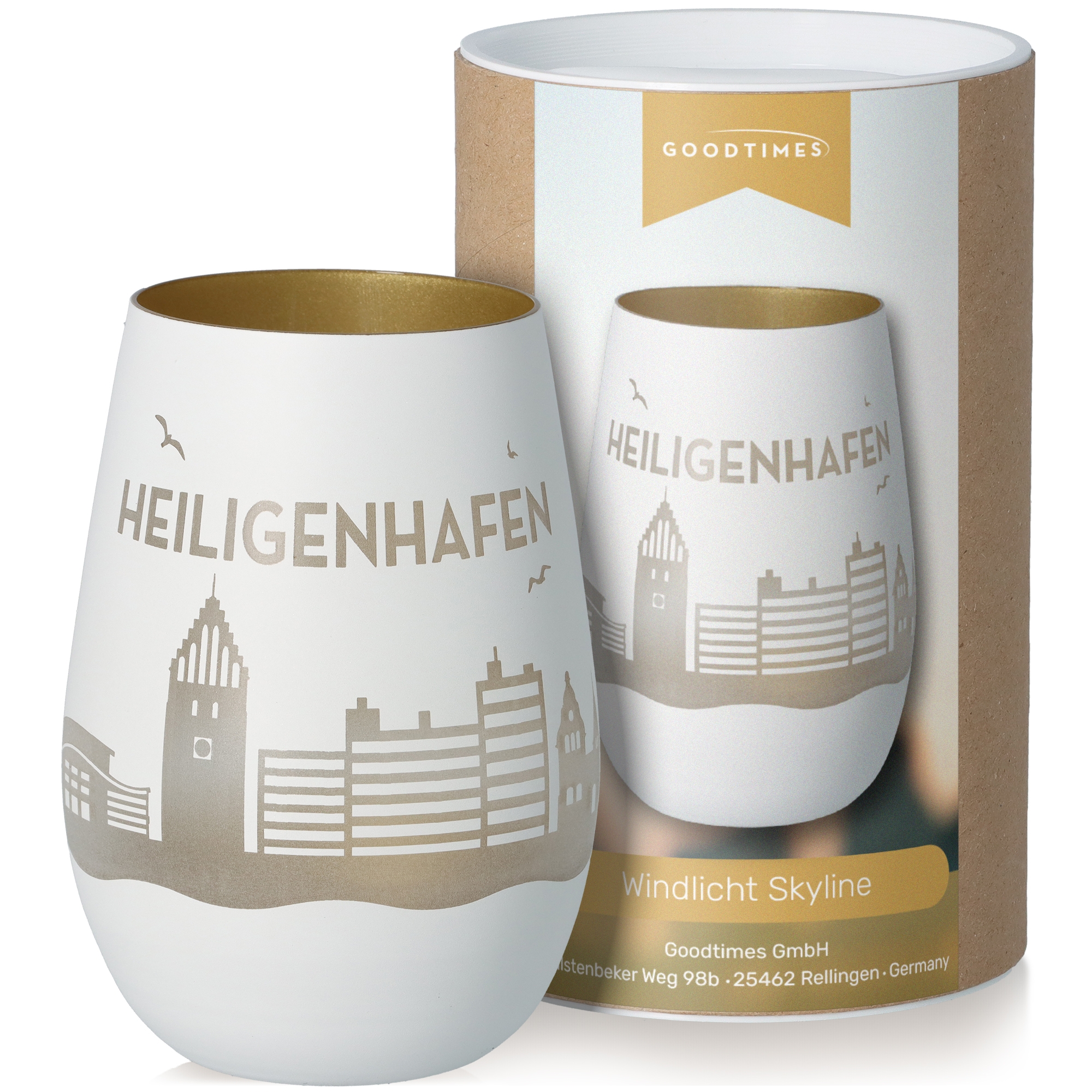 Windlicht Skyline Heiligenhafen Weiß/Gold Töpferei, Tasse, Kunst, Porzellan