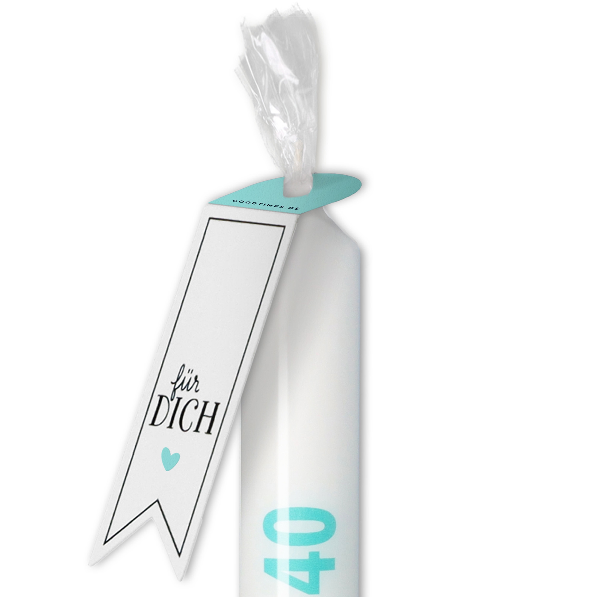 Stabkerze Weiß, Türkis "Um die 40" Stabkerze Weiß, Türkis "Um die 40"