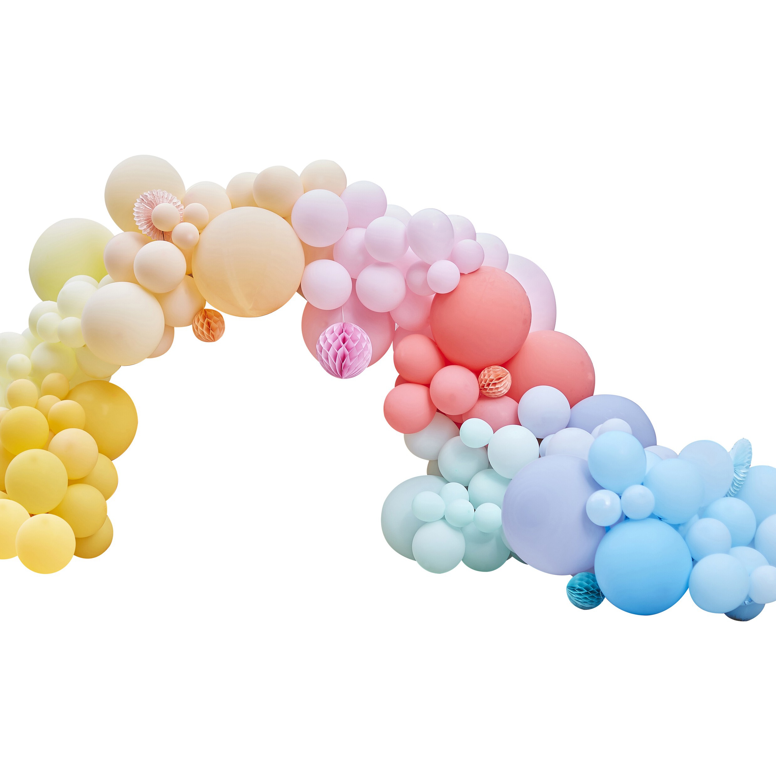 Große DIY Ballongirlande zum Selberbauen - Pastell Regenbogen inkl. Wabenbällen & Fächern